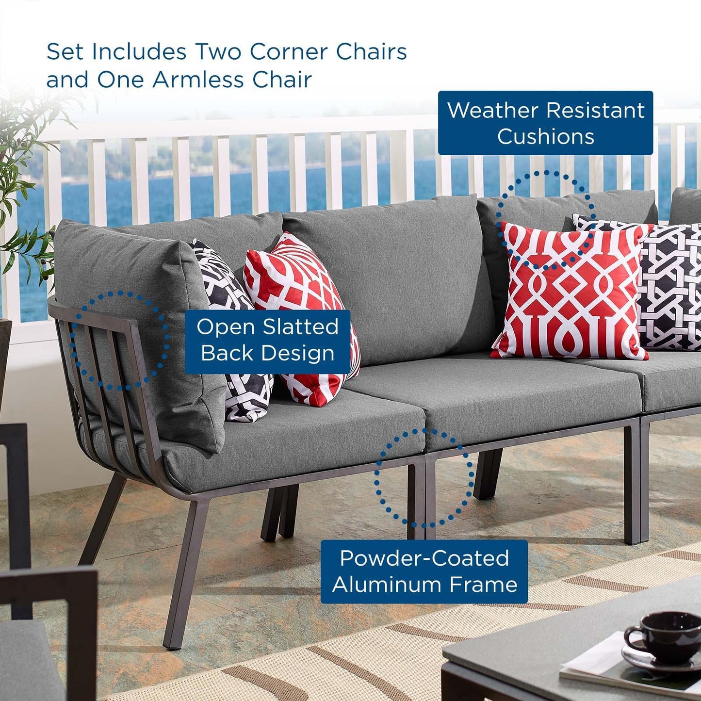 Modway Riverside 3 Piece Outdoor Patio Aluminum Sectional Sofa Set FredCo