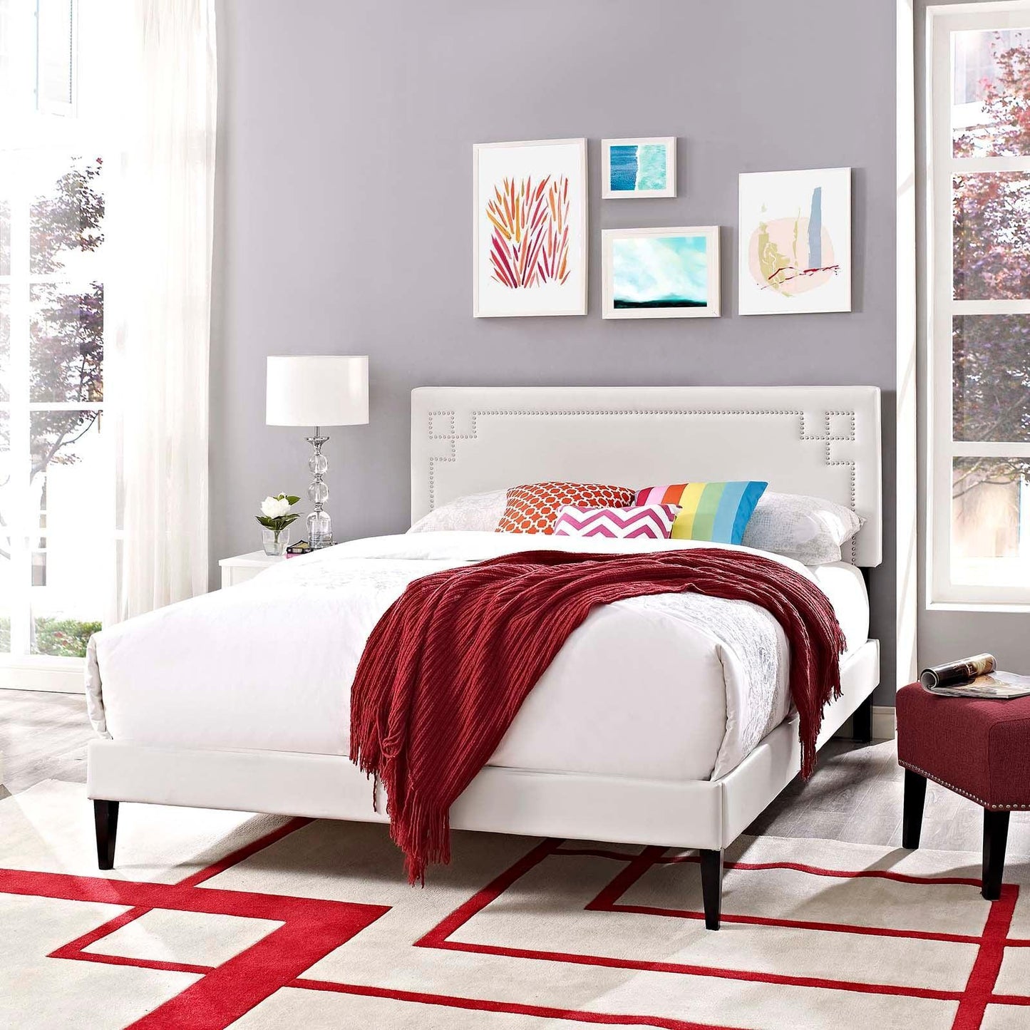 Modway Ruthie Queen Vinyl Platform Bed with Squared Tapered Legs FredCo