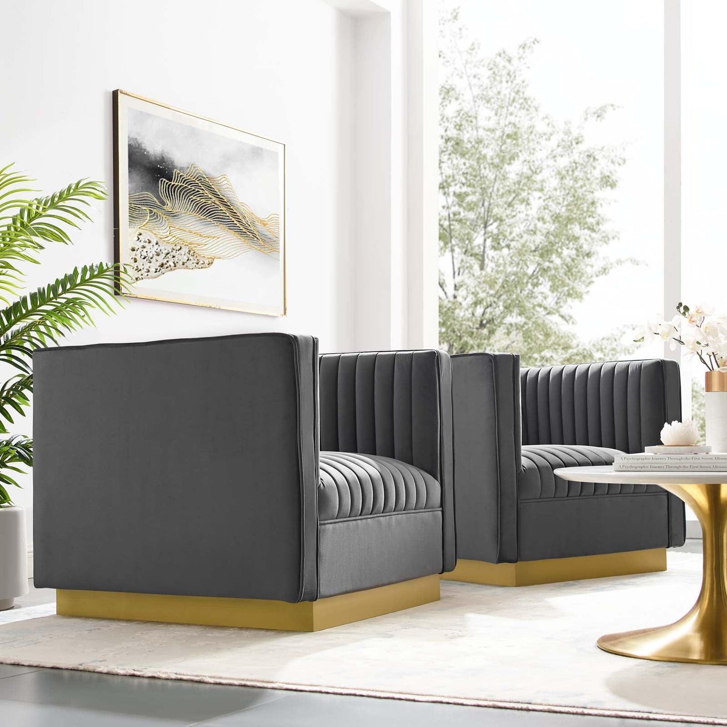 Modway Sanguine Vertical Channel Tufted Upholstered Performance Velvet Armchair Set of 2 FredCo