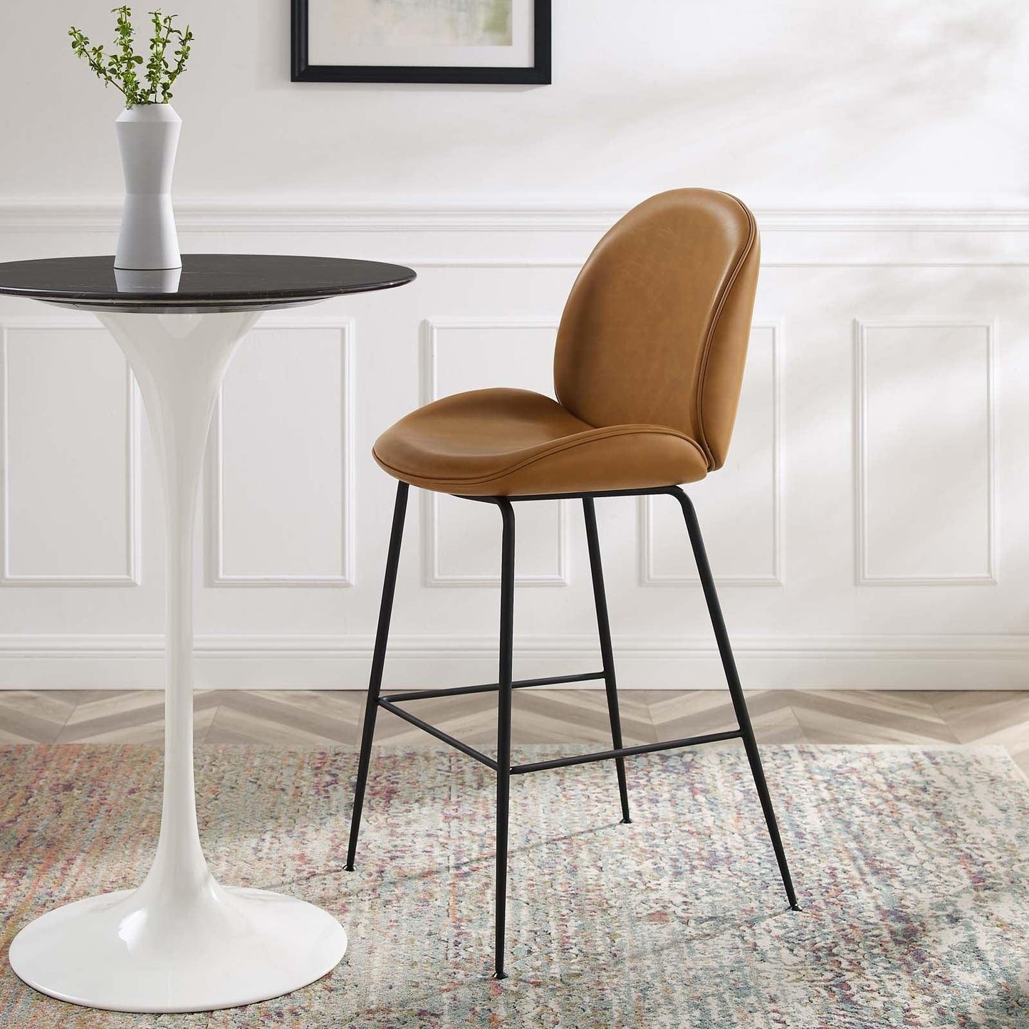 Modway Scoop Black Powder Coated Steel Leg Vegan Leather Bar Stool FredCo