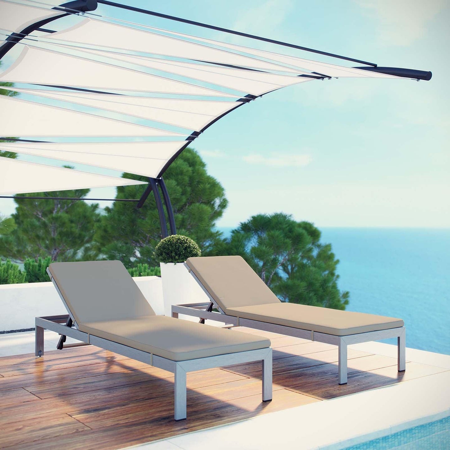 Modway Shore Chaise with Cushions Outdoor Patio Aluminum Set of 2 FredCo