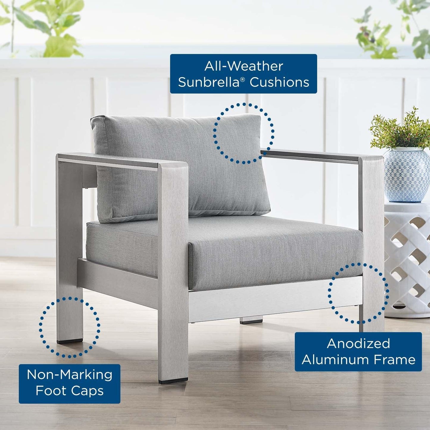 Modway Shore Sunbrella® Fabric Aluminum Outdoor Patio Armchair FredCo