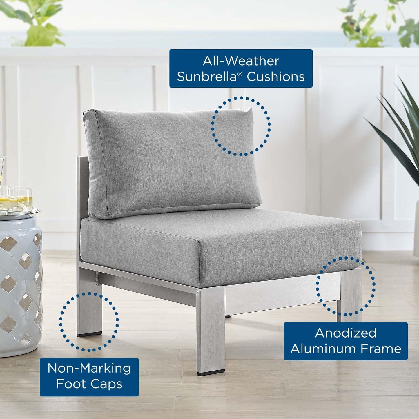 Modway Shore Sunbrella® Fabric Aluminum Outdoor Patio Armless Chair FredCo