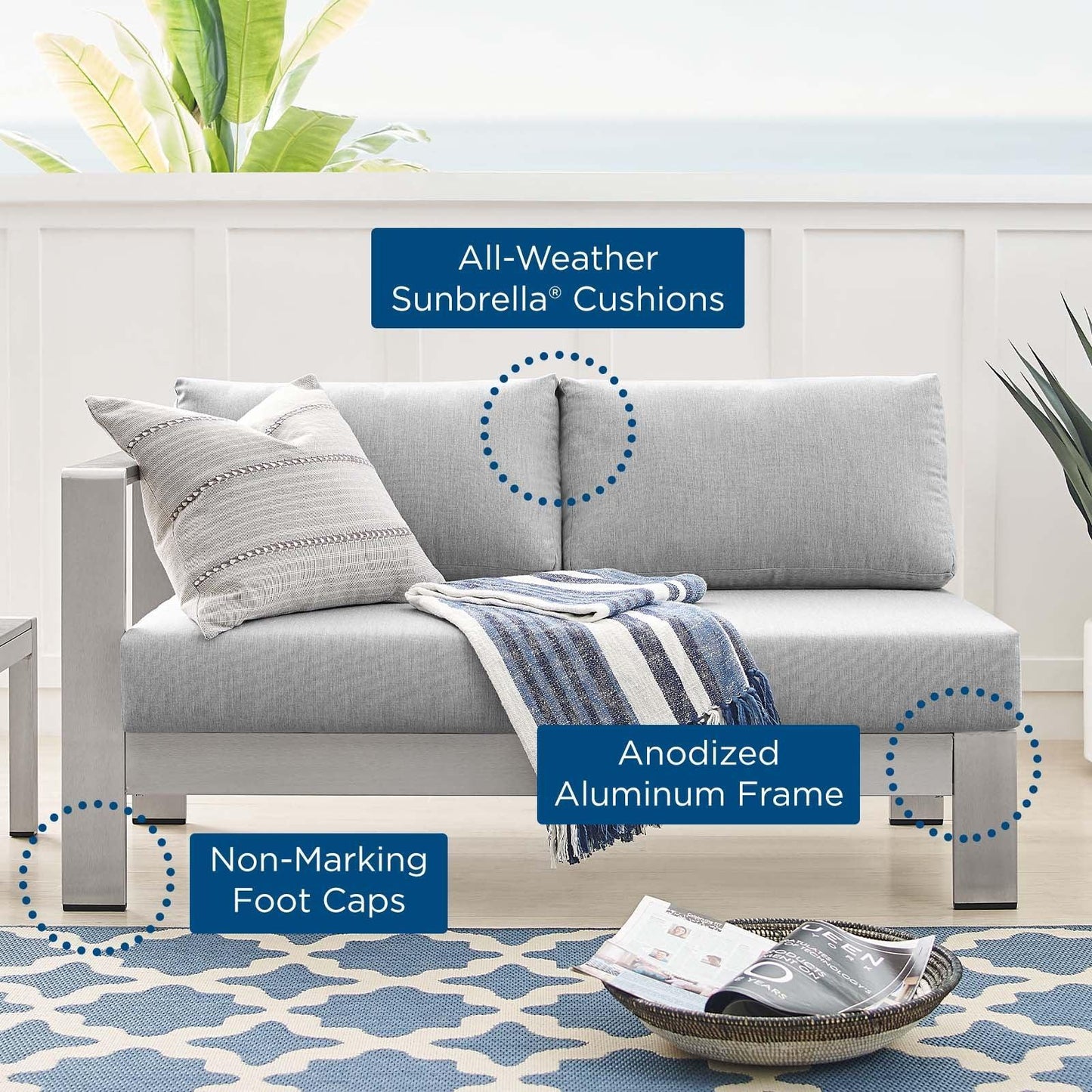 Modway Shore Sunbrella® Fabric Aluminum Outdoor Patio Left-Arm Loveseat FredCo