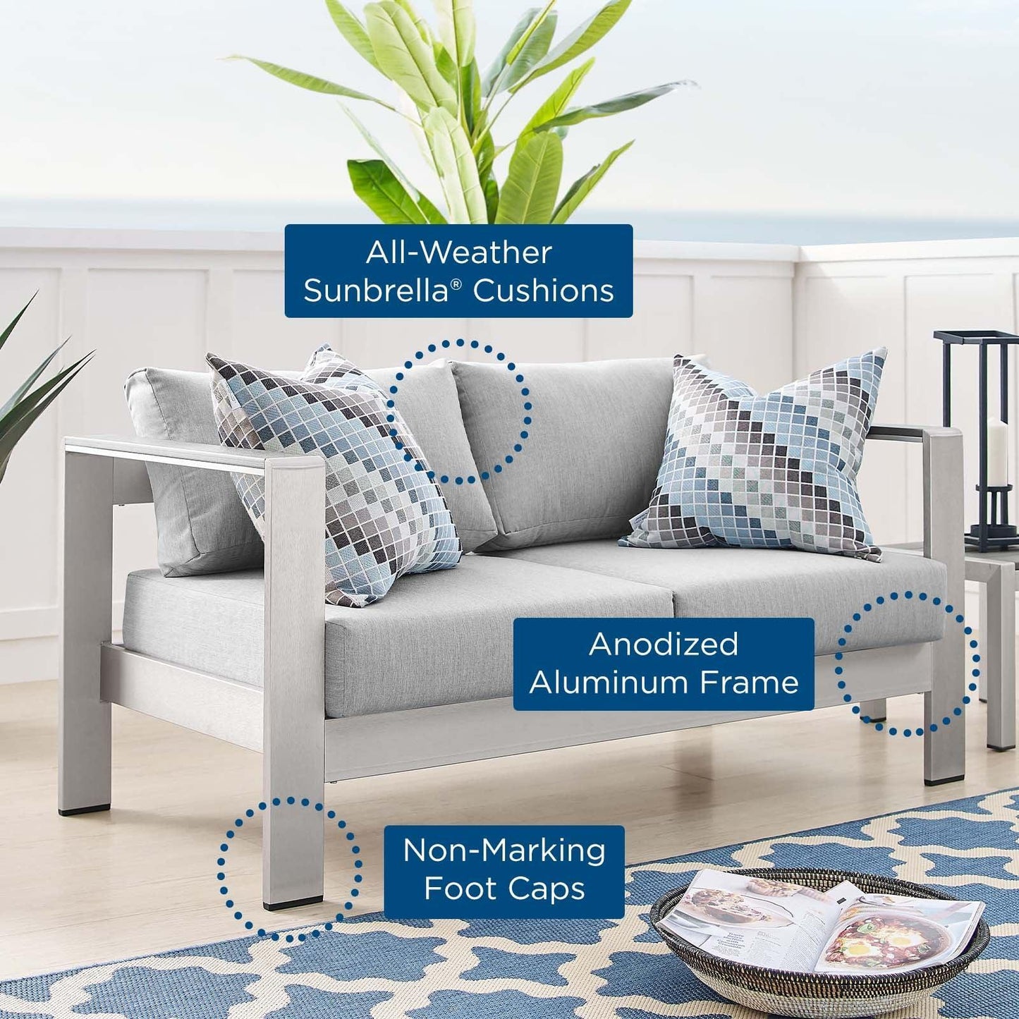 Modway Shore Sunbrella® Fabric Aluminum Outdoor Patio Loveseat FredCo