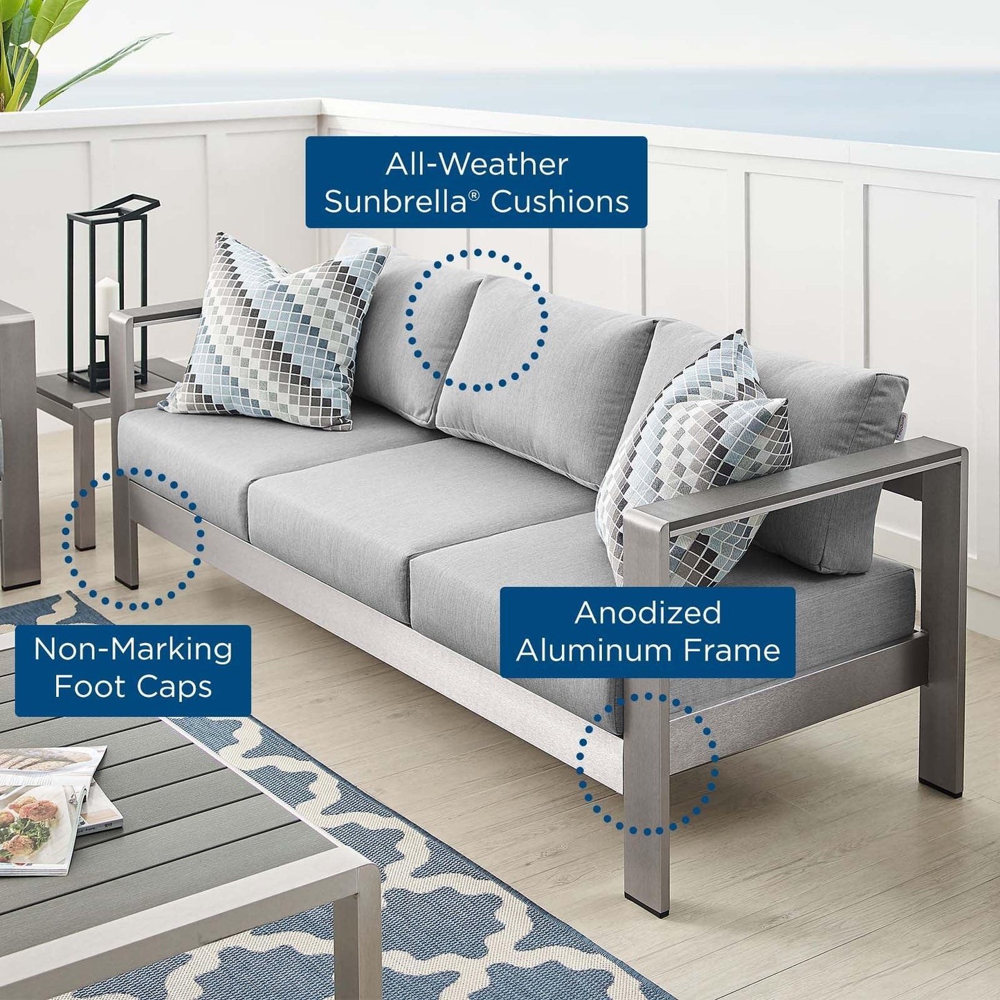 Modway Shore Sunbrella® Fabric Aluminum Outdoor Patio Sofa FredCo