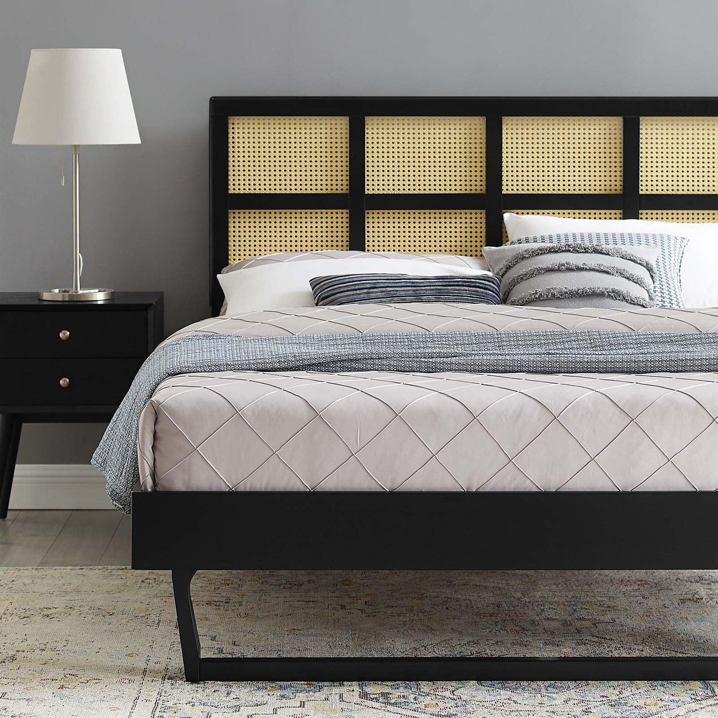 Modway Sidney Cane and Wood King Platform Bed With Angular Legs FredCo