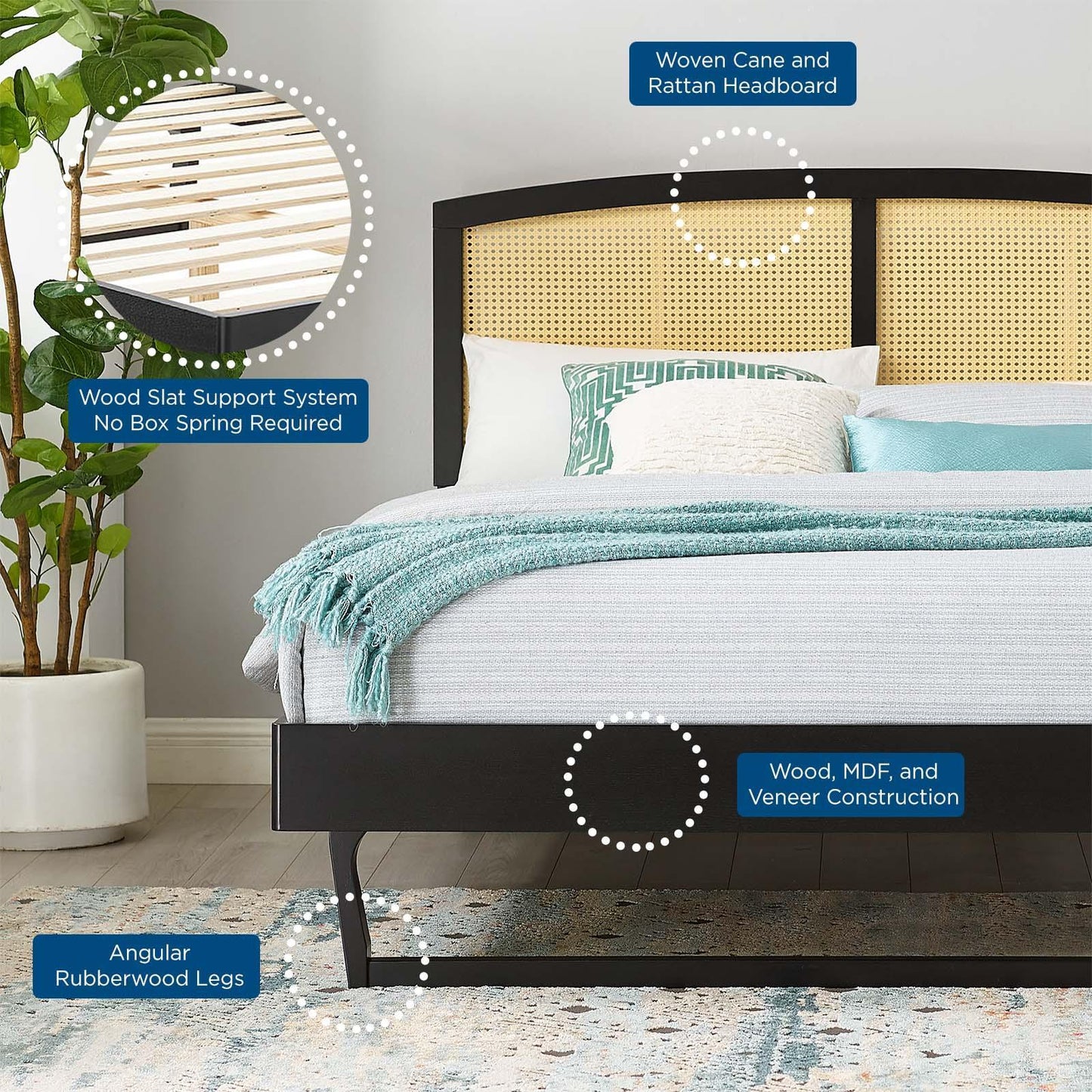 Modway Sierra Cane and Wood Queen Platform Bed With Angular Legs FredCo