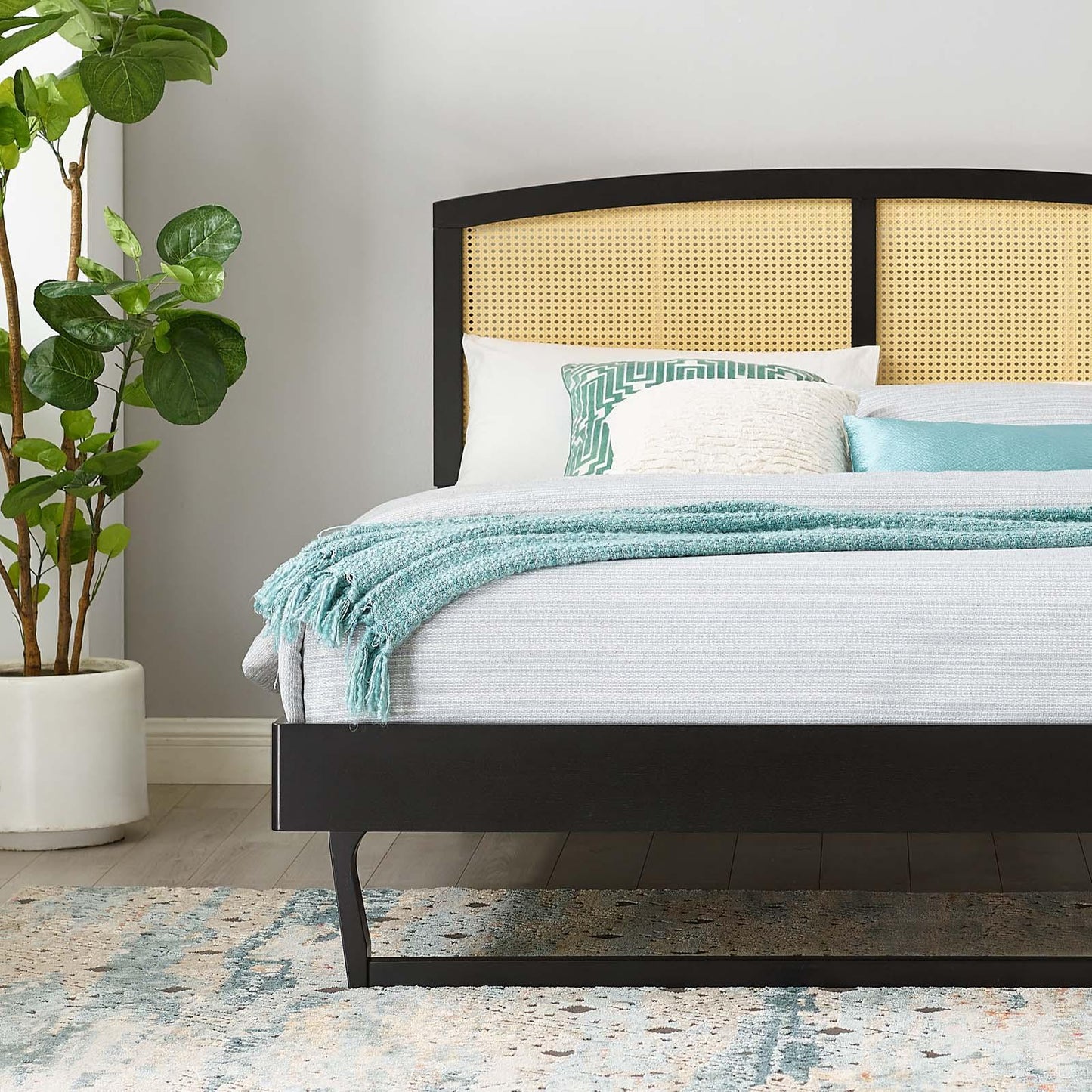 Modway Sierra Cane and Wood Queen Platform Bed With Angular Legs FredCo