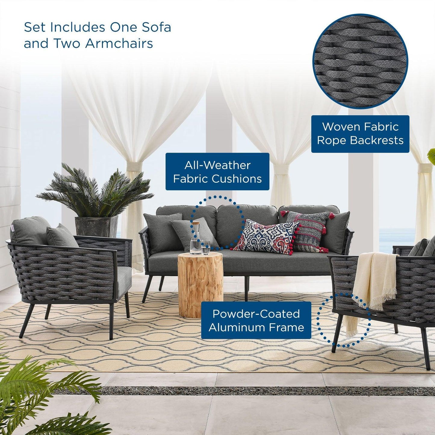 Modway Stance 3 Piece Outdoor Patio Aluminum Sectional Sofa Set, EEI-3165 FredCo