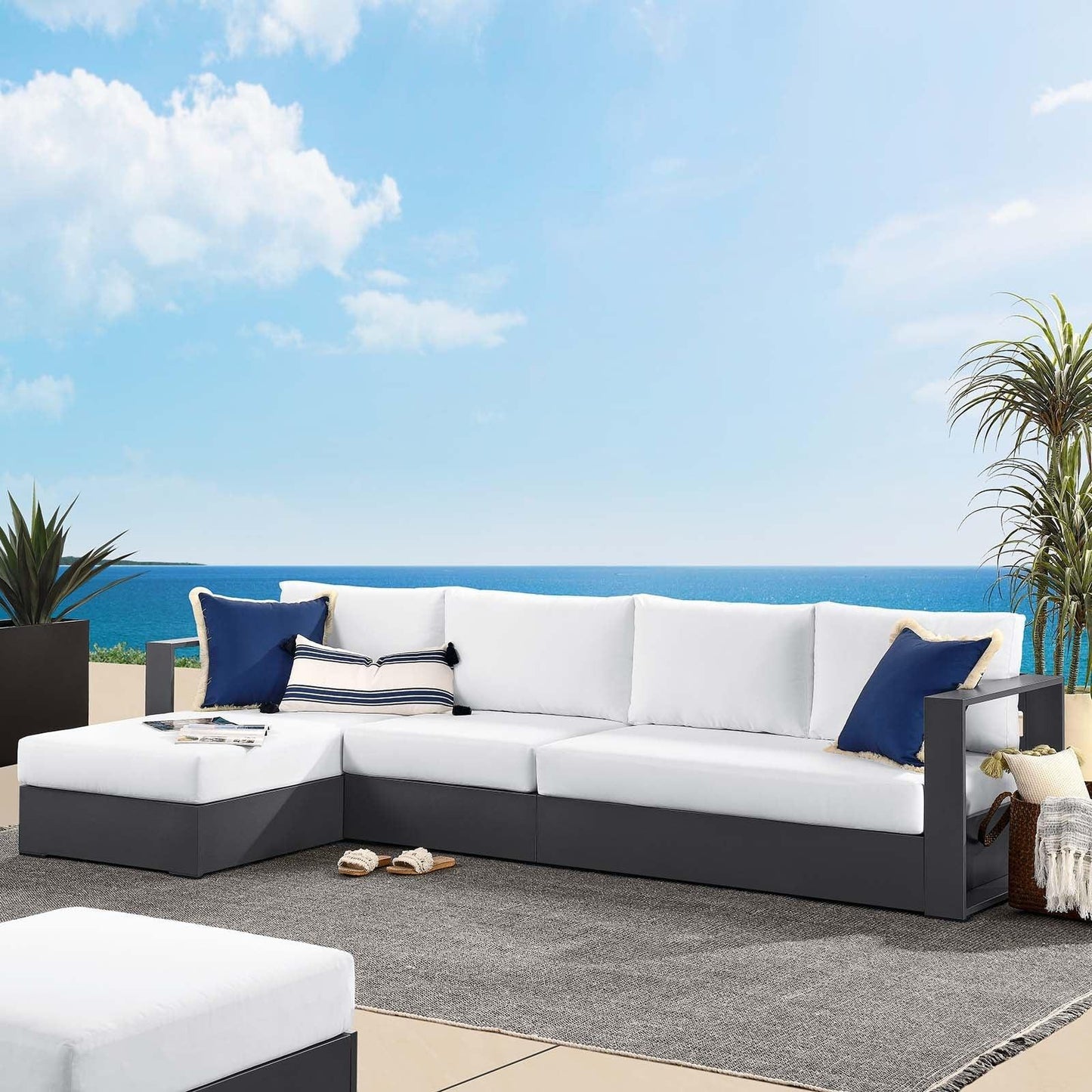 Modway Tahoe Outdoor Patio Powder-Coated Aluminum 3-Piece Left-Facing Chaise Sectional Sofa Set FredCo