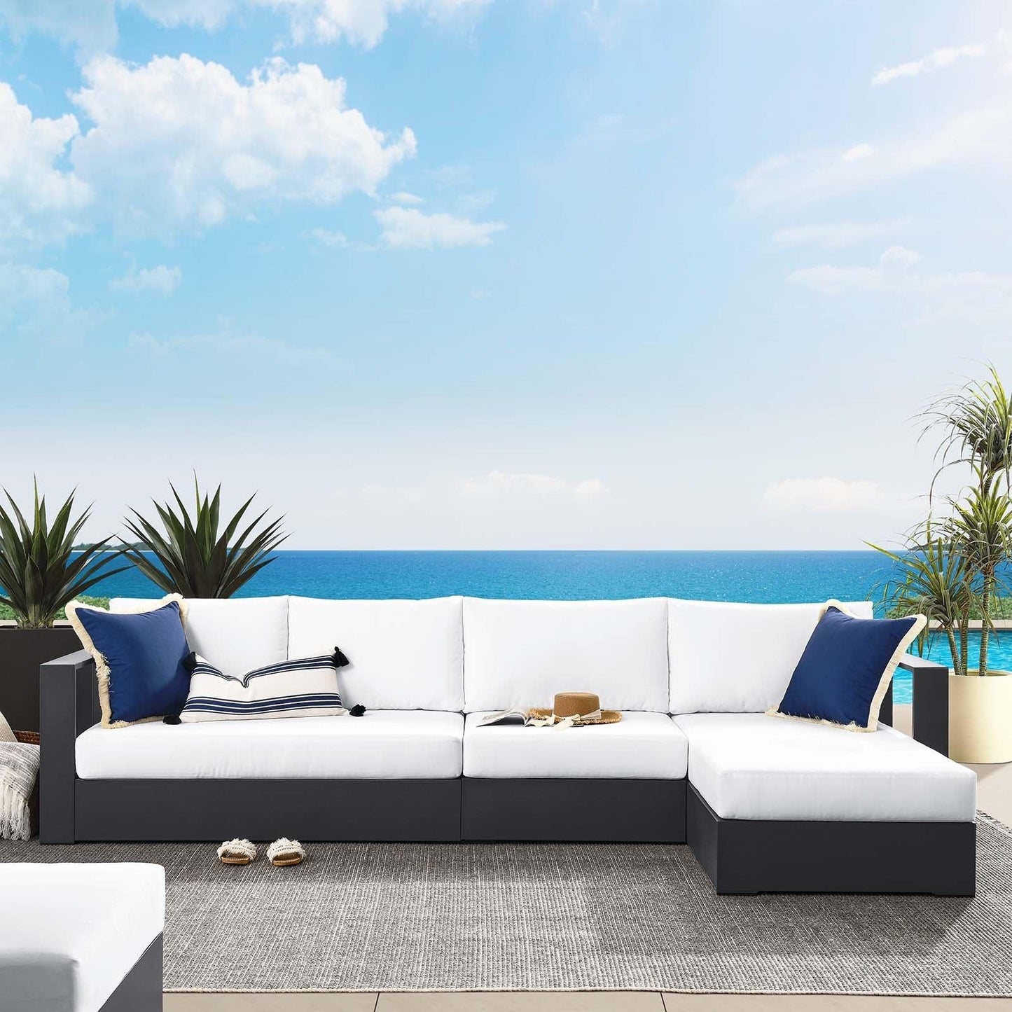 Modway Tahoe Outdoor Patio Powder-Coated Aluminum 3-Piece Right-Facing Chaise Sectional Sofa Set FredCo