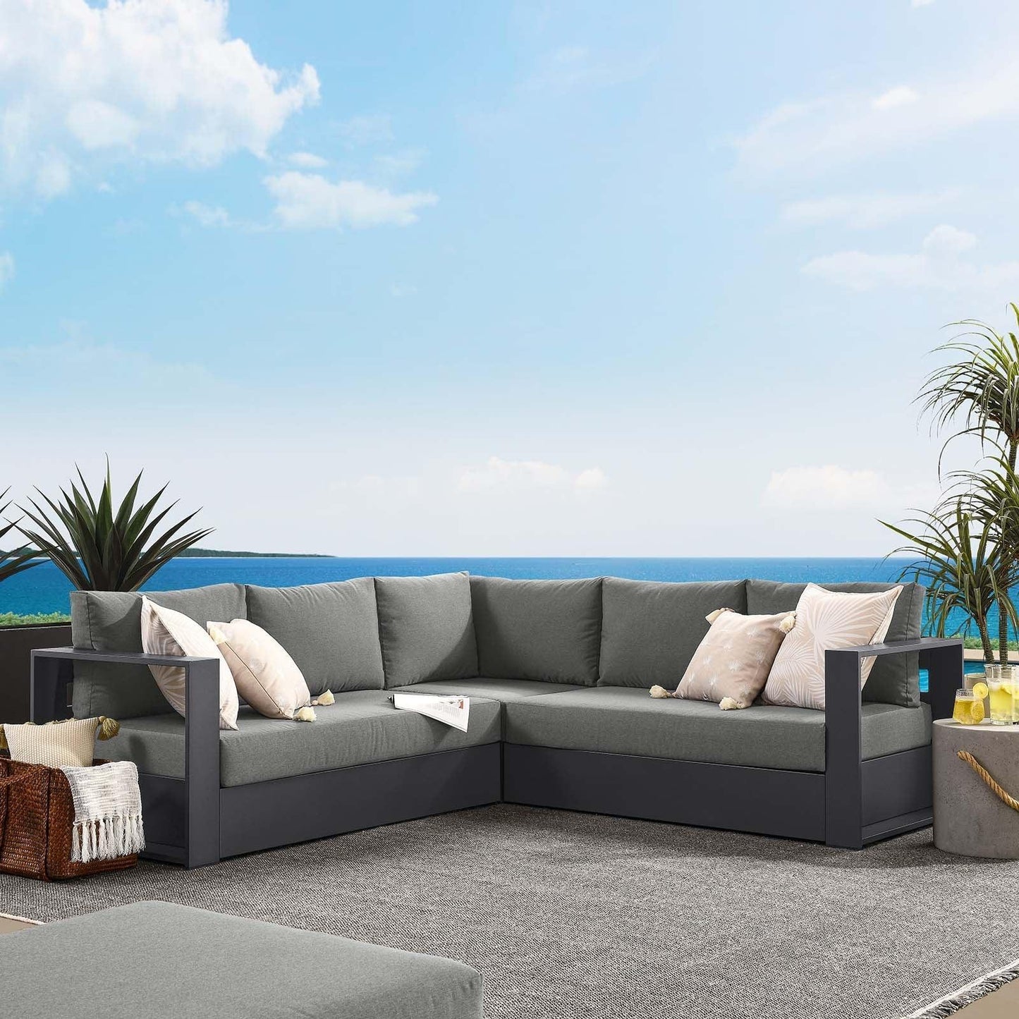 Modway Tahoe Outdoor Patio Powder-Coated Aluminum 3-Piece Sectional Sofa Set FredCo