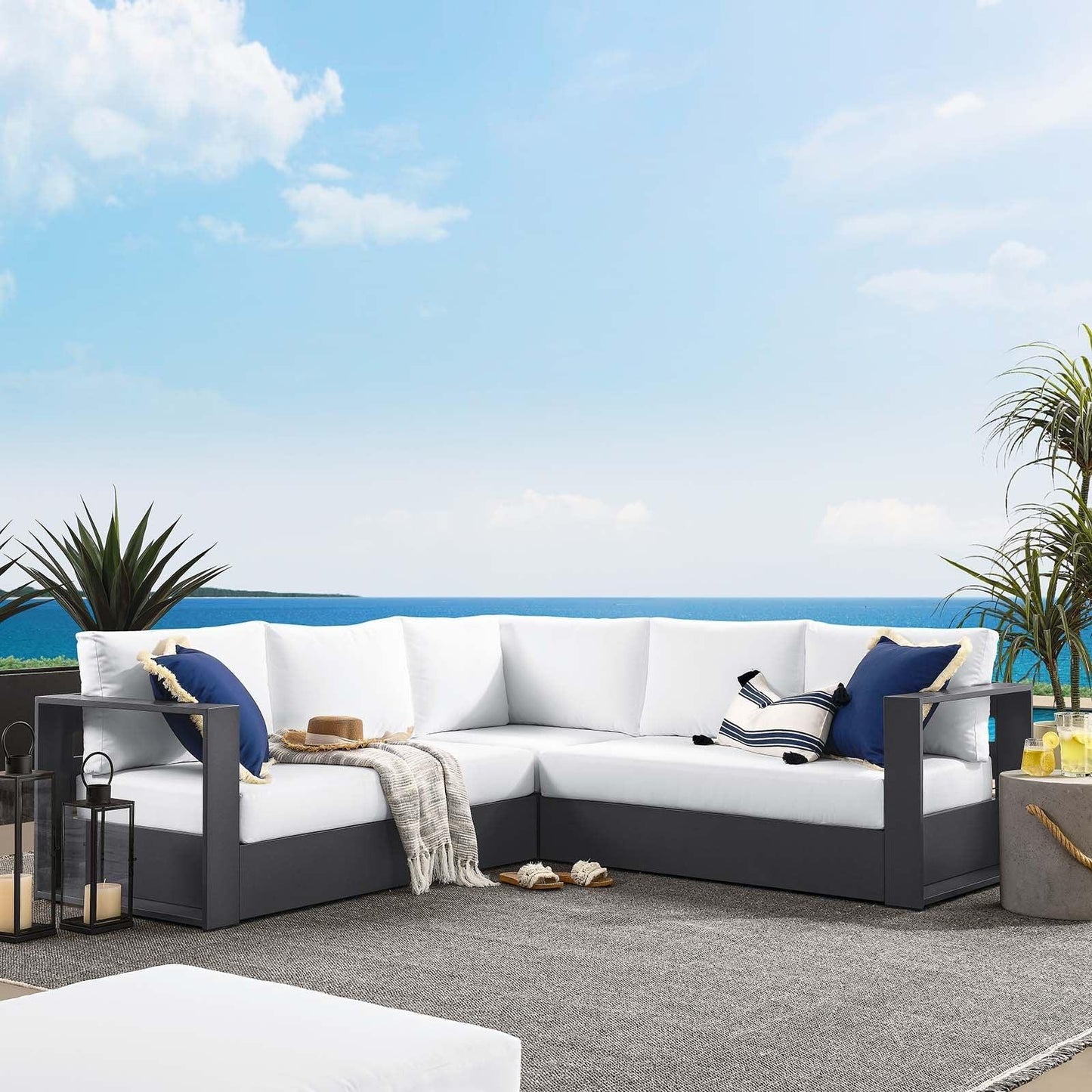 Modway Tahoe Outdoor Patio Powder-Coated Aluminum 3-Piece Sectional Sofa Set FredCo