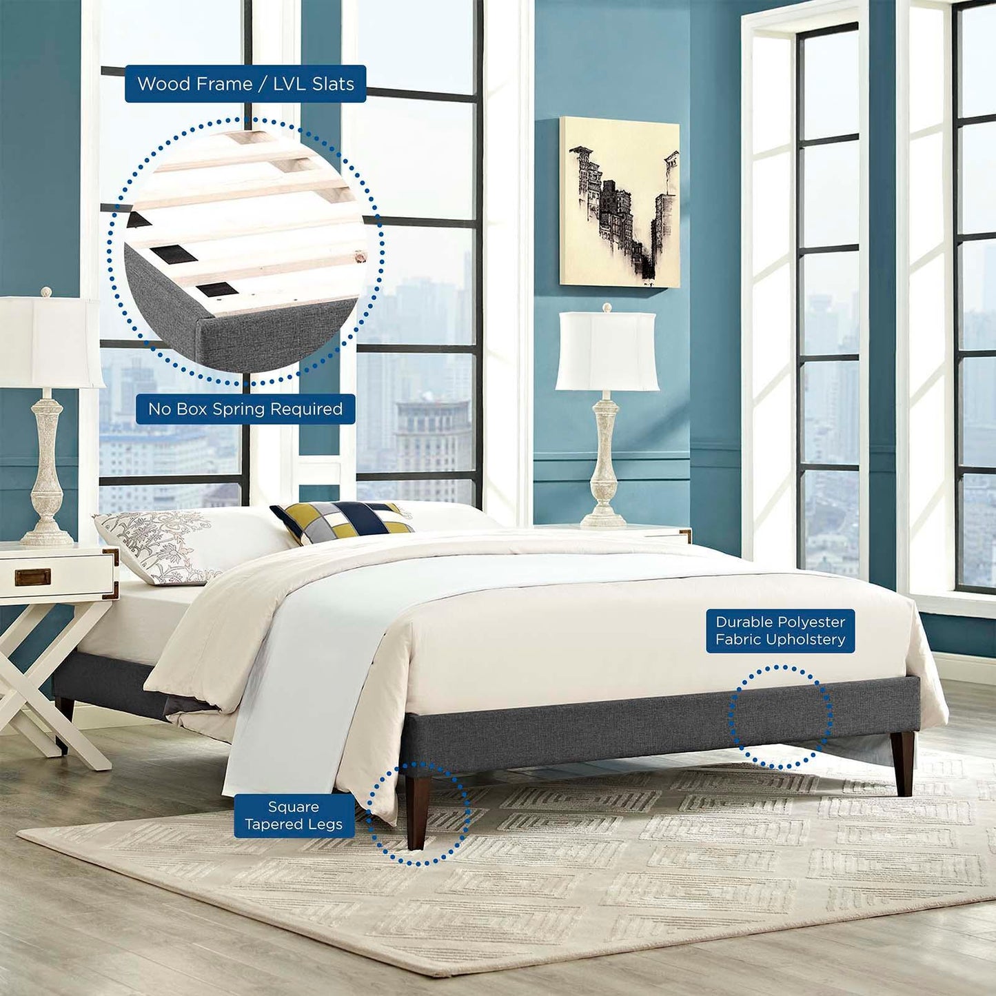 Modway Tessie King Fabric Bed Frame with Squared Tapered Legs FredCo