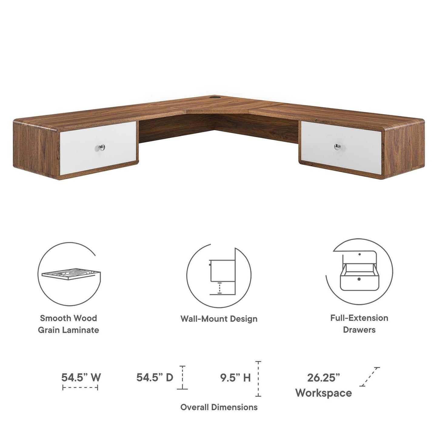 Modway Transmit 55" Wall Mount Corner Wood Office Desk FredCo