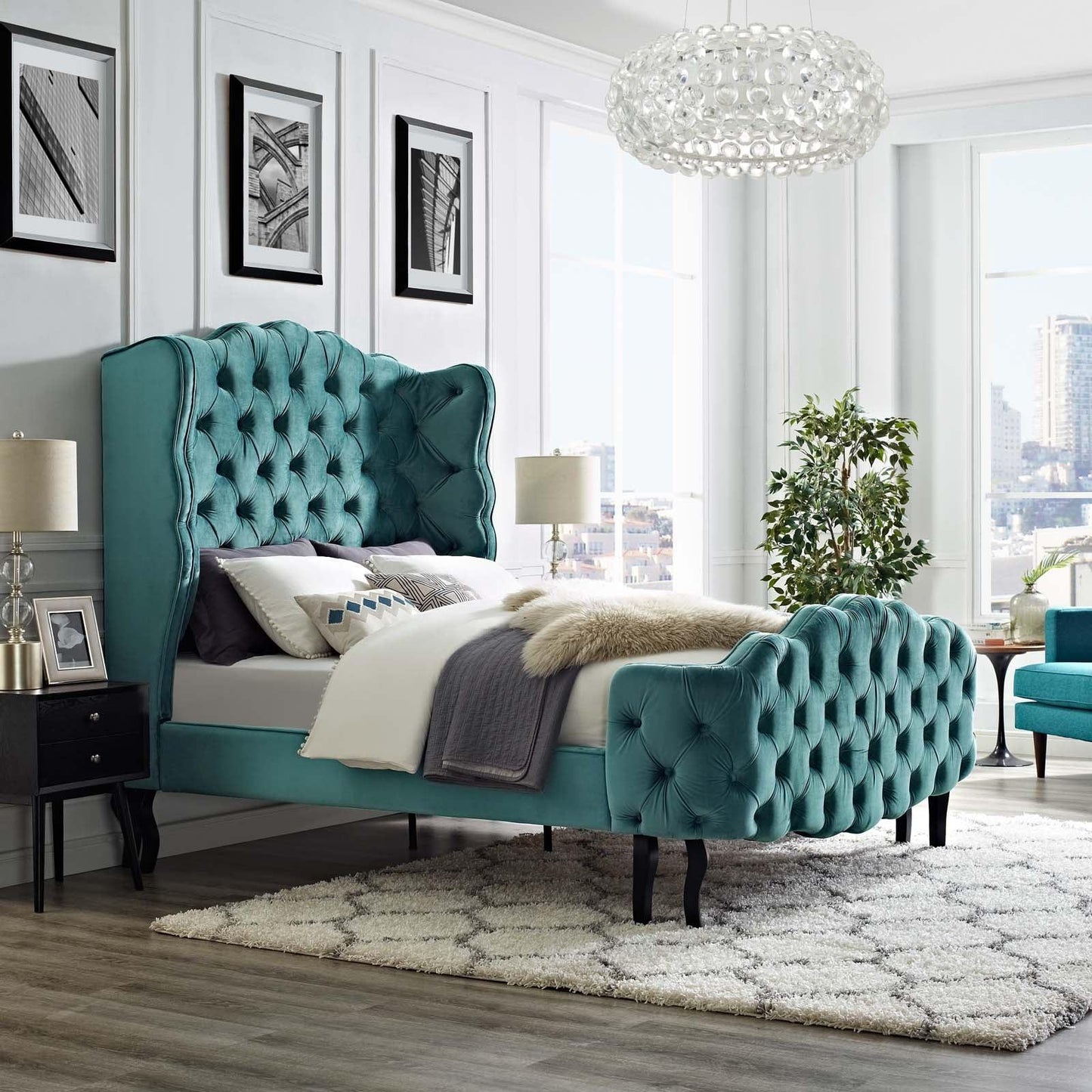 Modway Violette Queen Tufted Wingback Performance Velvet Platform Bed FredCo
