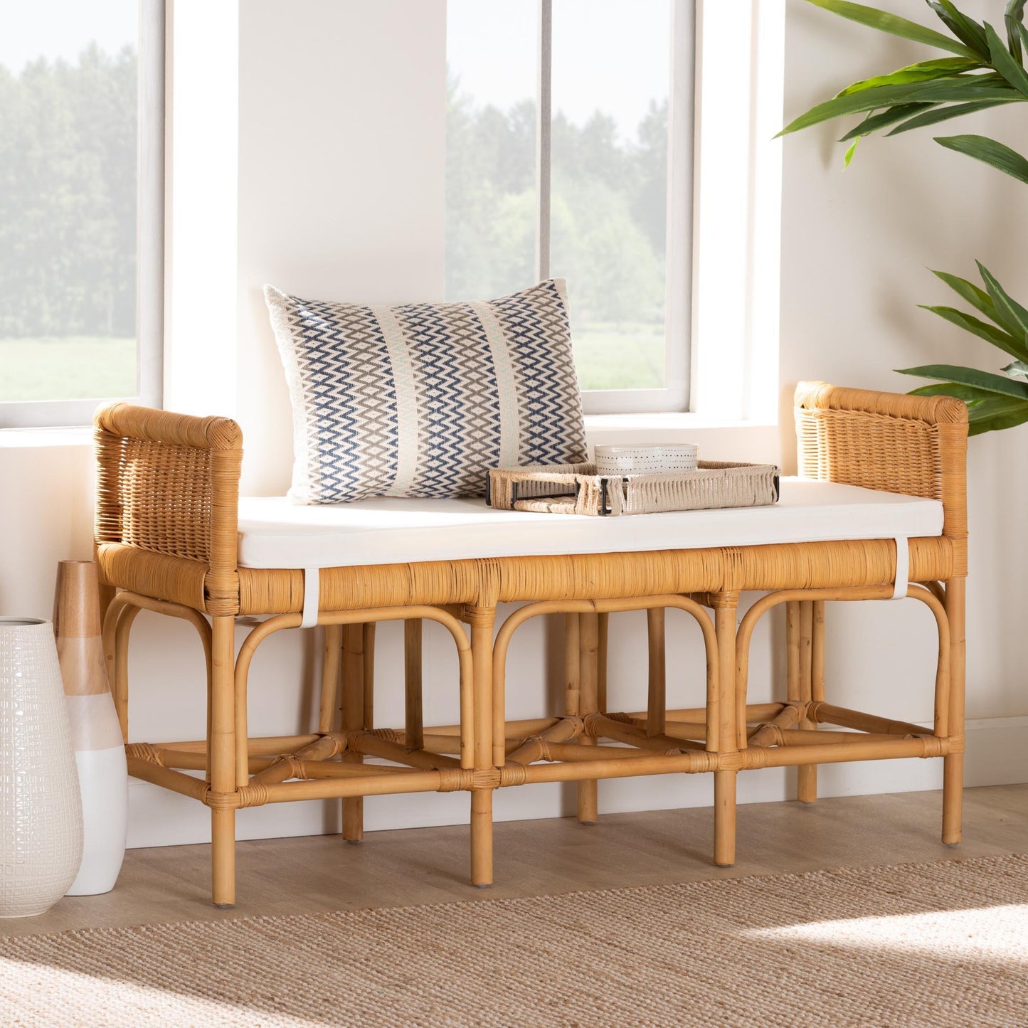 Nairi Modern Bohemian Natural Brown Rattan Bench FredCo