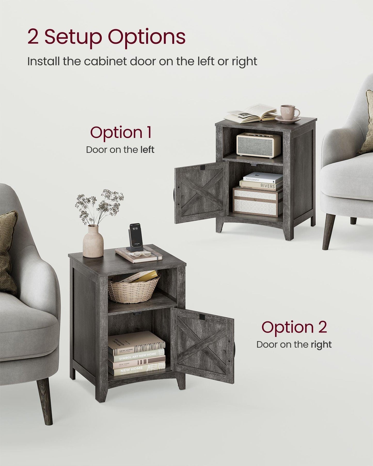 Nightstand with Cabinet and Compartment Misty Gray FredCo