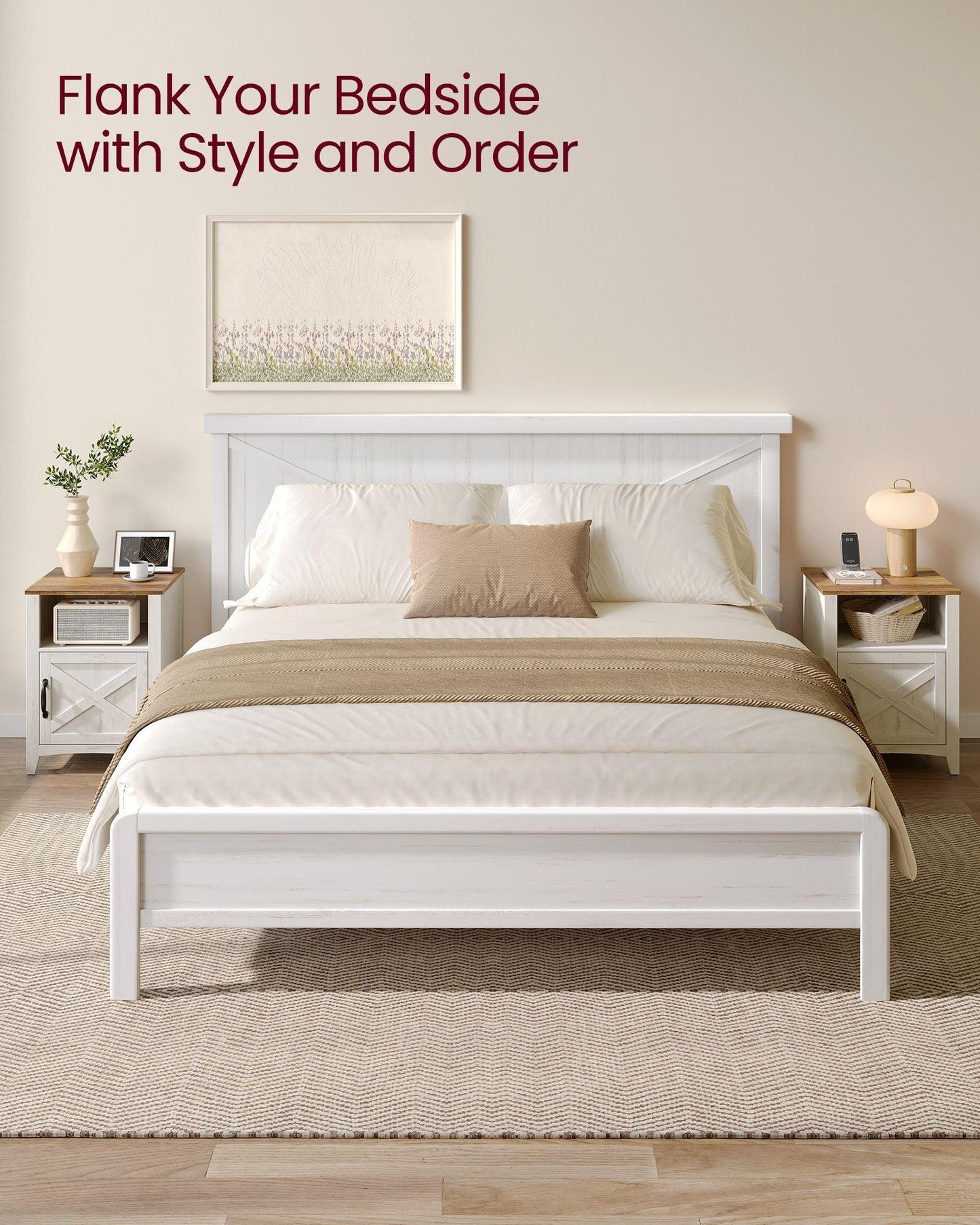 Nightstand with Cabinet and Compartment Rustic White and Honey Brown FredCo