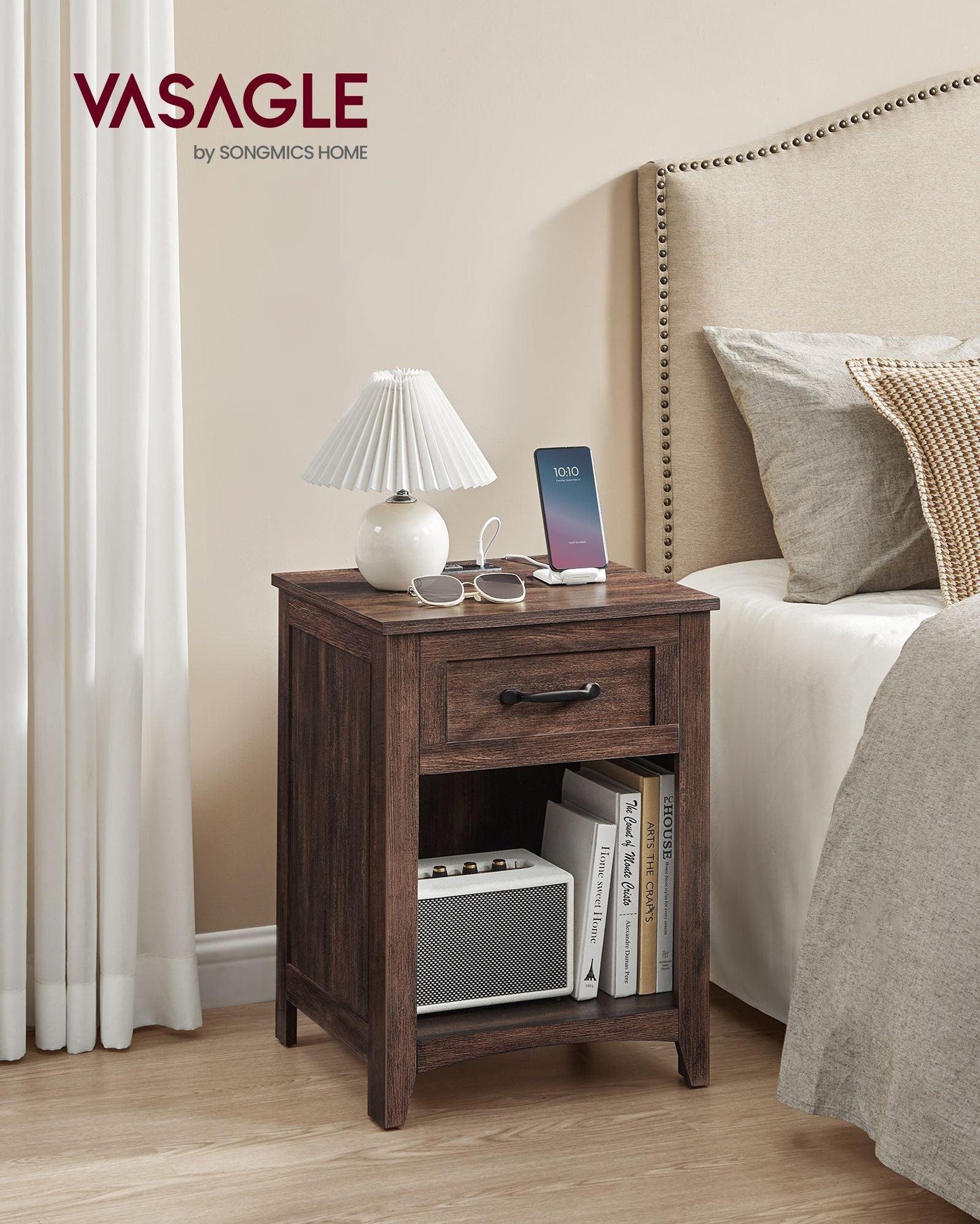 Nightstand with Charging Station and Open Compartment Maroon Brown FredCo