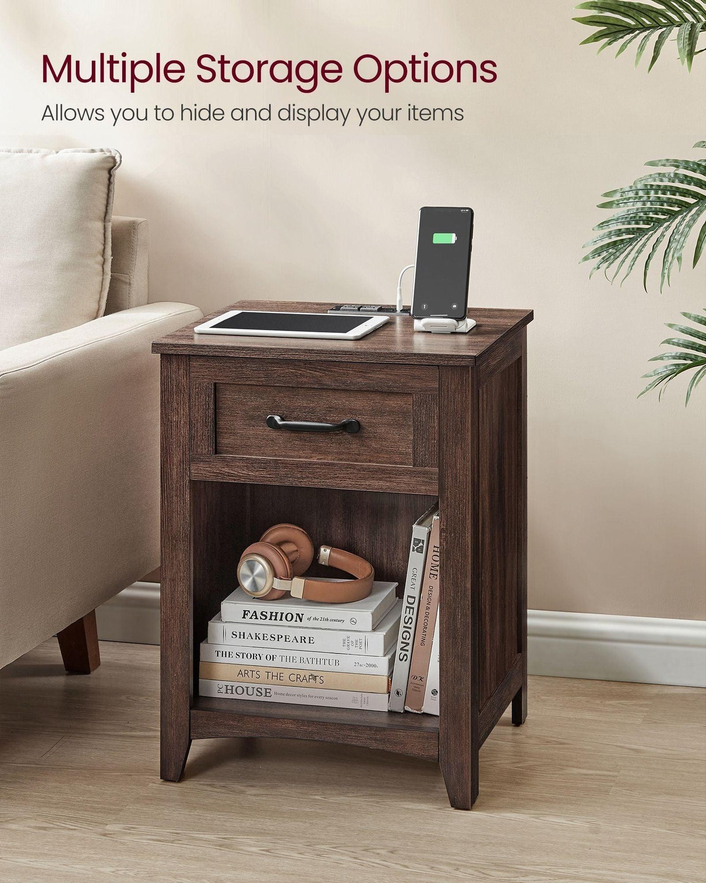 Nightstand with Charging Station and Open Compartment Maroon Brown FredCo