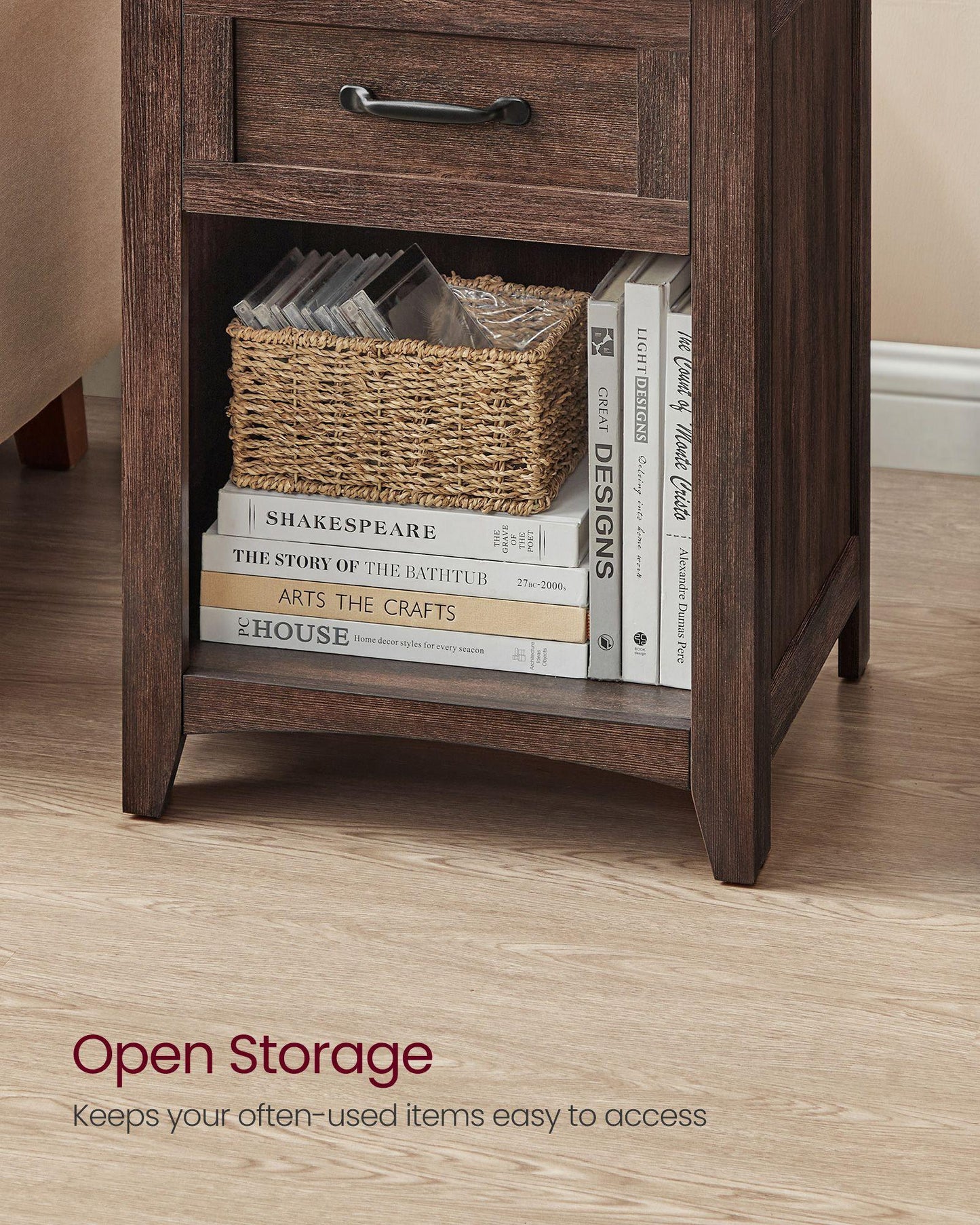 Nightstand with Charging Station and Open Compartment Maroon Brown FredCo