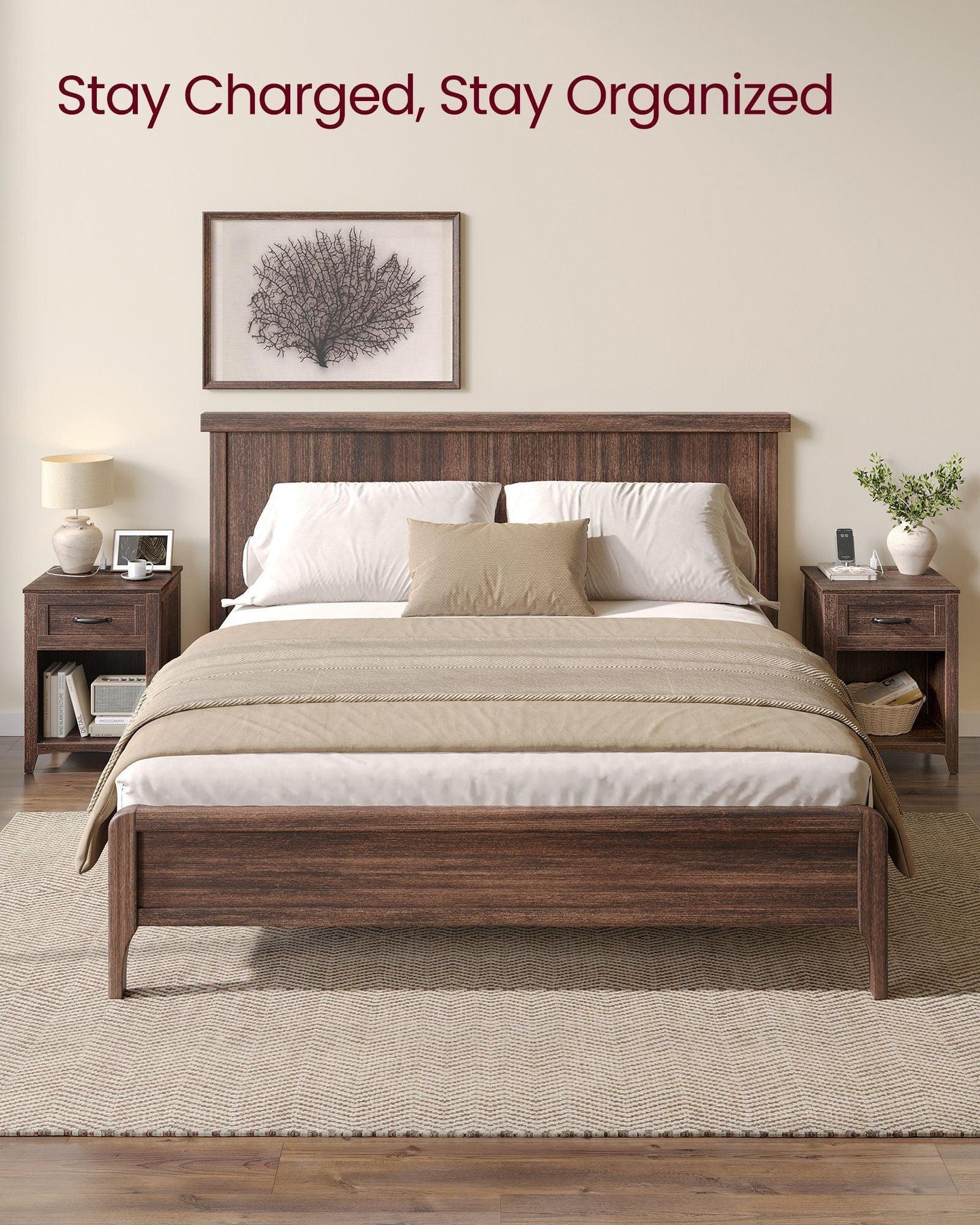 Nightstand with Charging Station and Open Compartment Maroon Brown FredCo