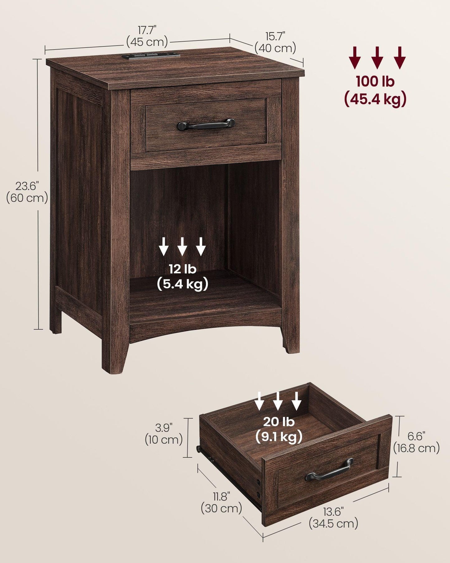Nightstand with Charging Station and Open Compartment Maroon Brown FredCo