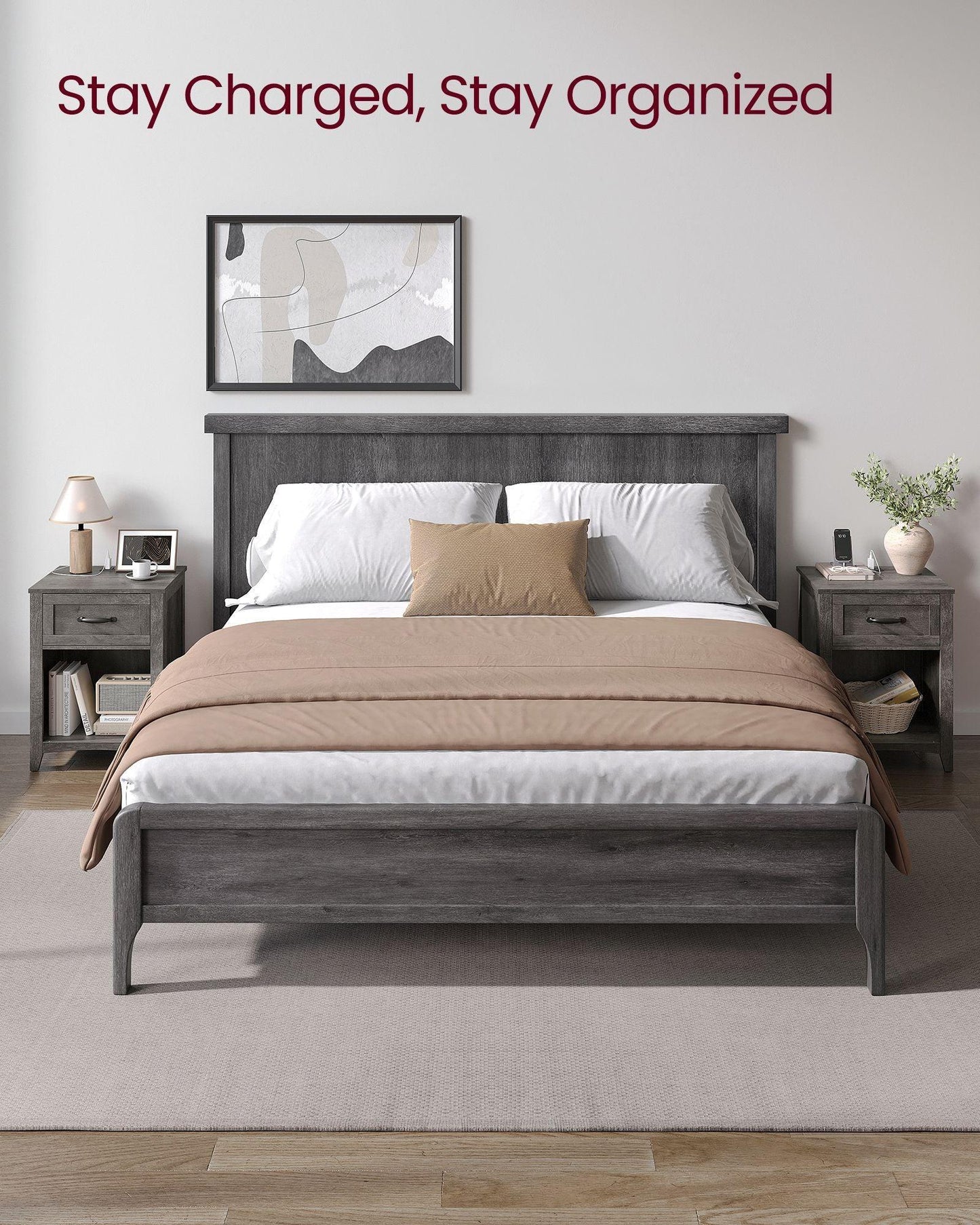Nightstand with Charging Station and Open Compartment Misty Gray FredCo