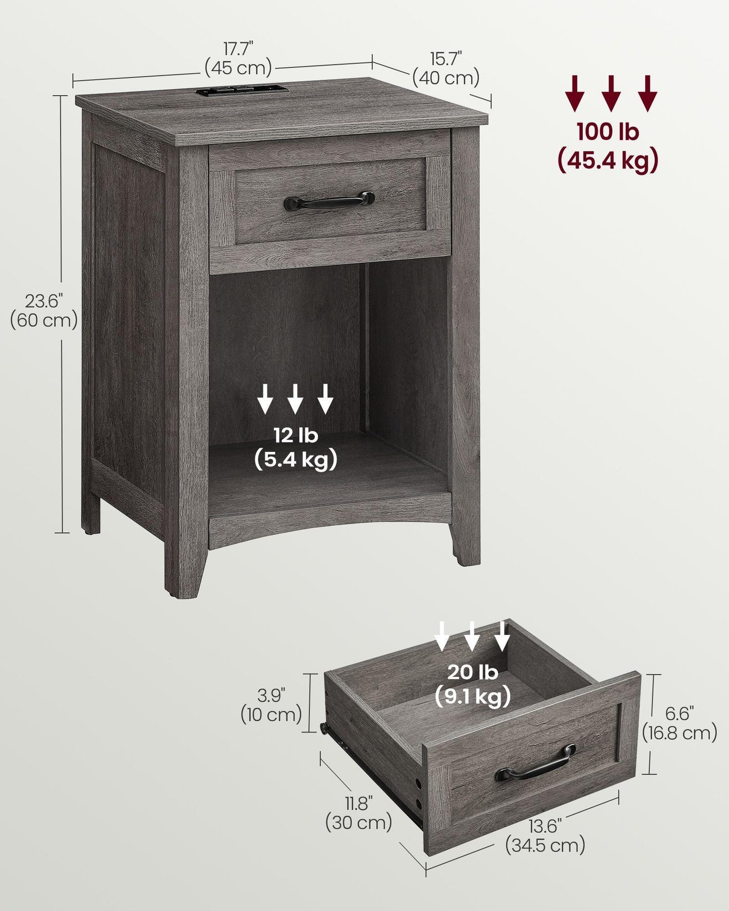Nightstand with Charging Station and Open Compartment Misty Gray FredCo
