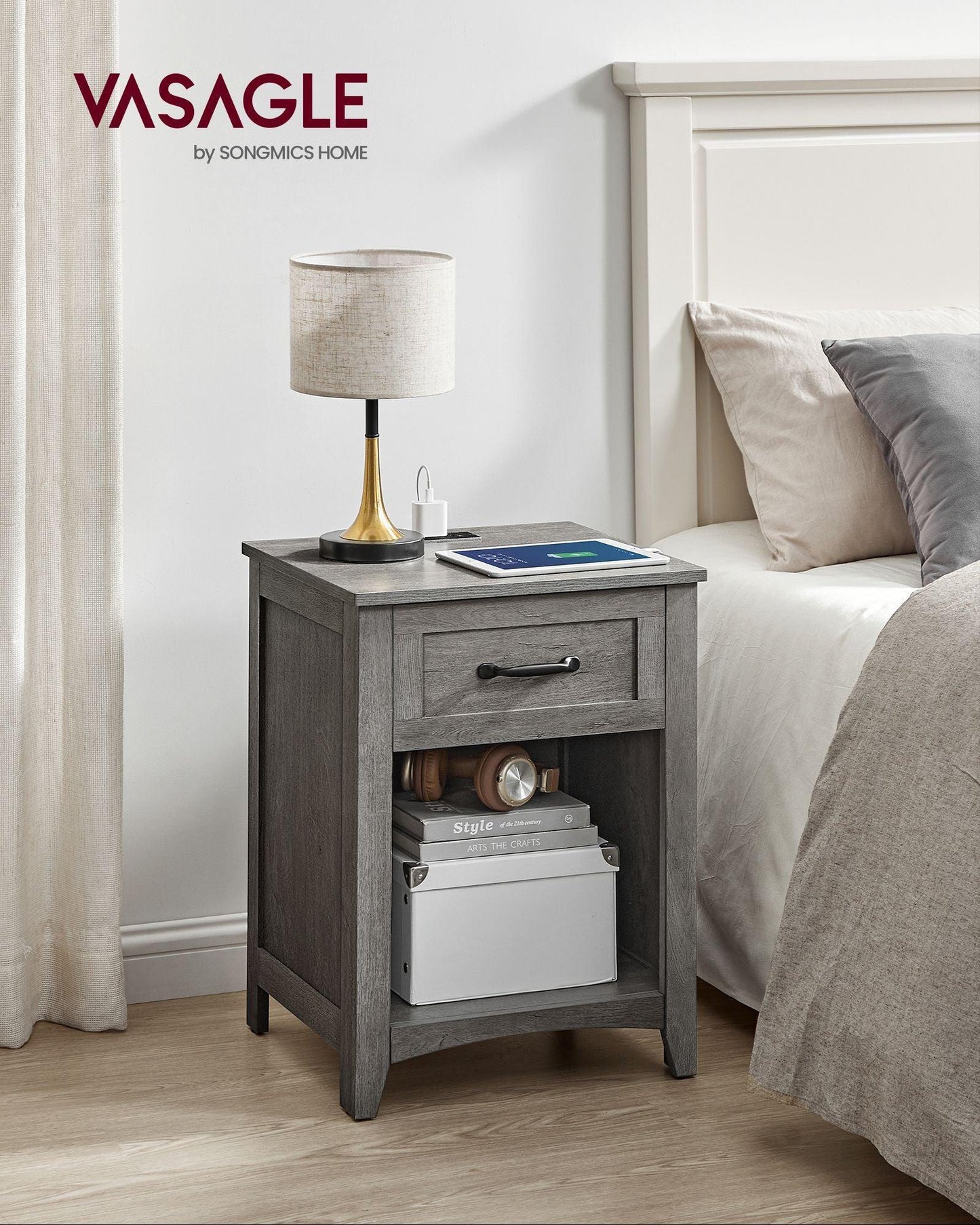 Nightstand with Charging Station and Open Compartment Misty Gray FredCo