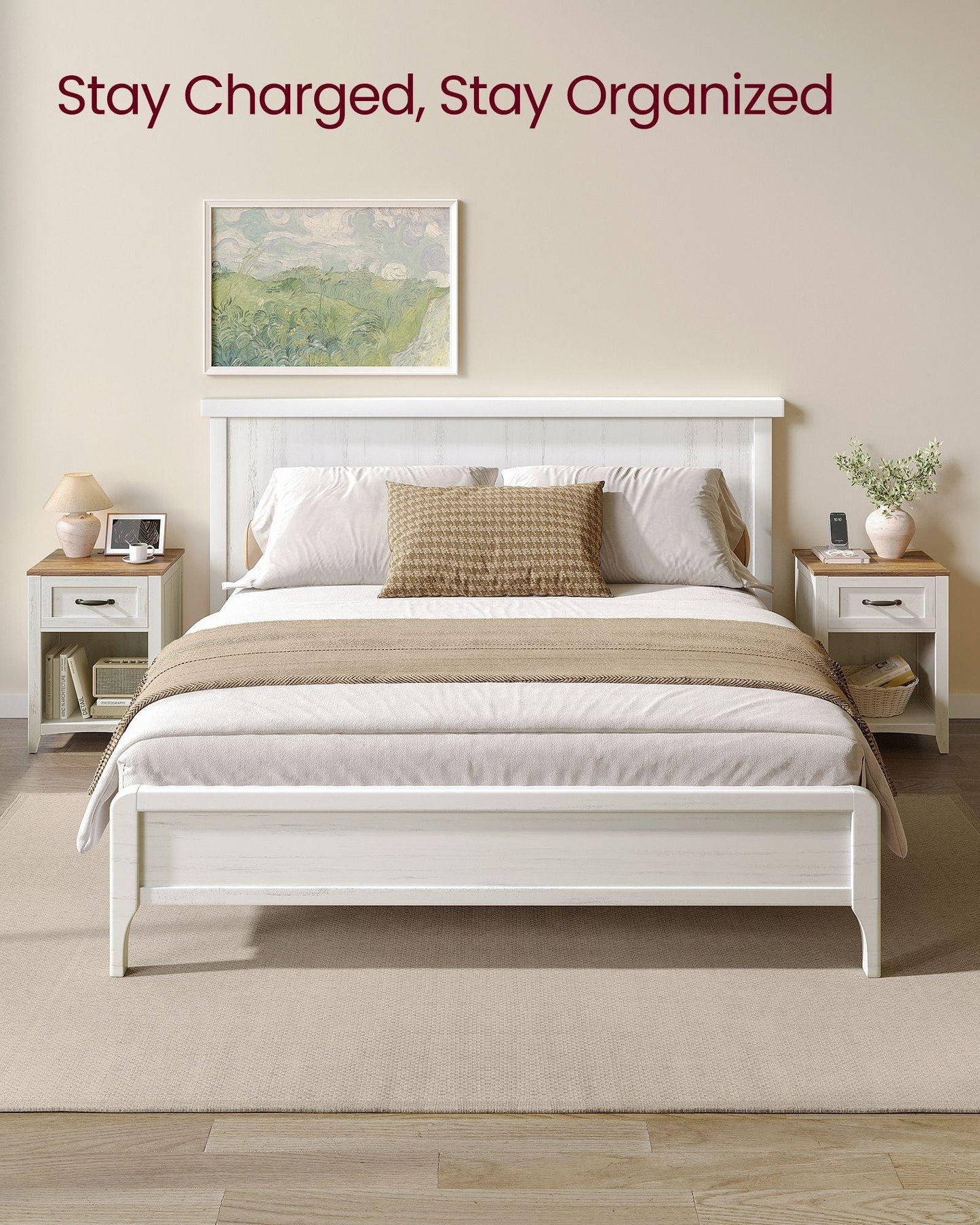 Nightstand with Charging Station and Open Compartment Rustic White and Honey Brown FredCo