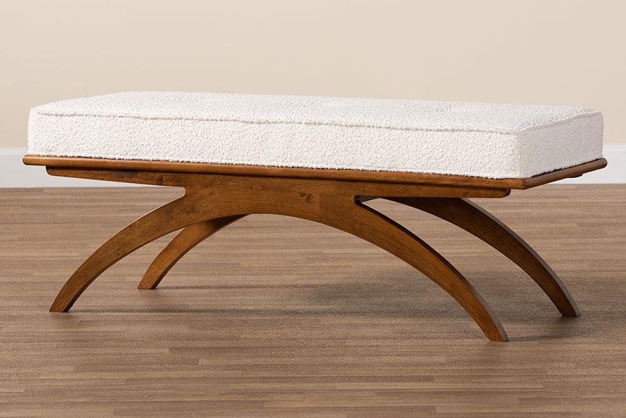 Orella Japandi Cream Boucle Fabric and Walnut Brown Finished Wood Bench FredCo
