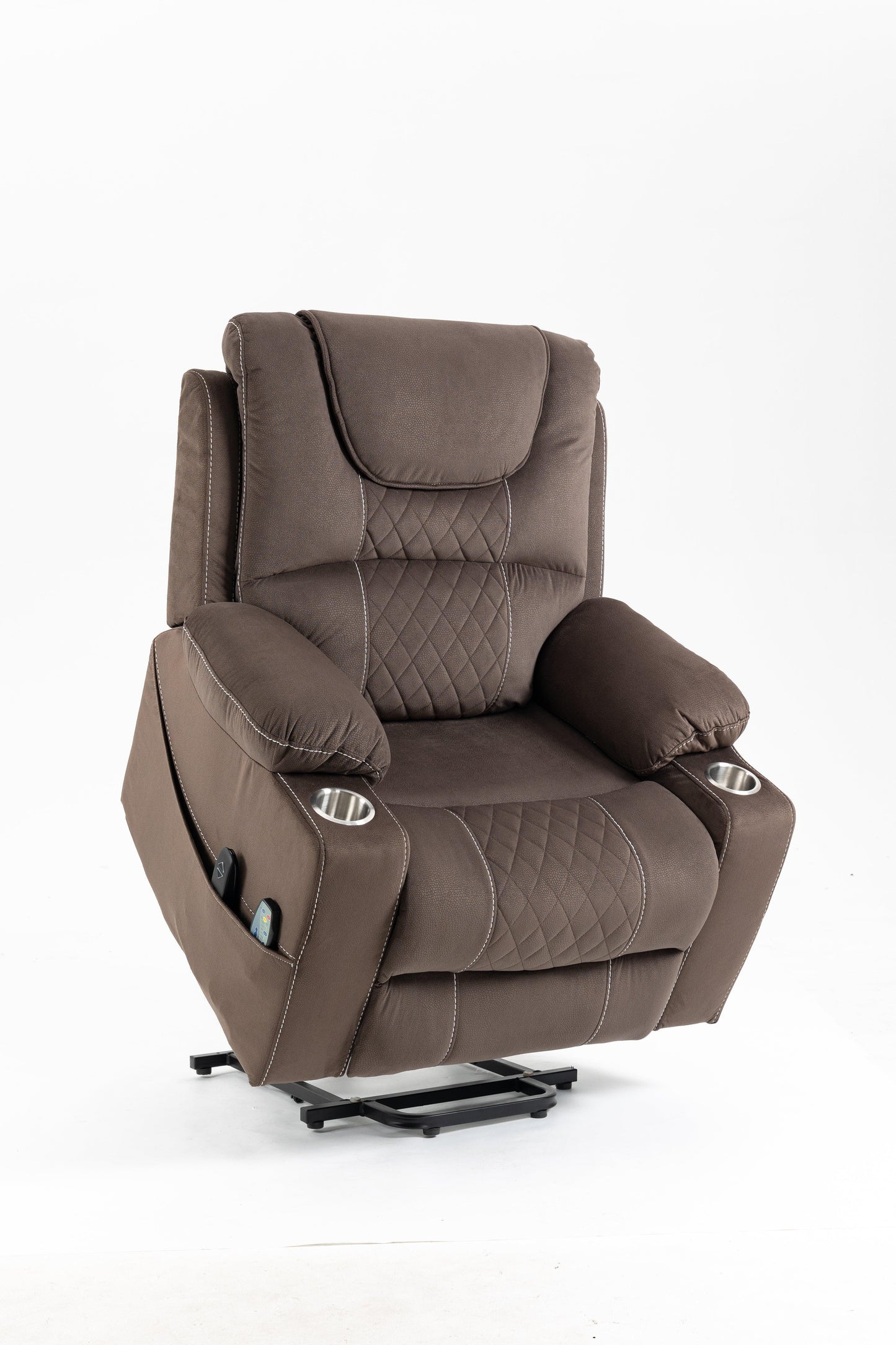 Oversized Lift Recliner Chair with Dual OKIN Silent Lift Motor, Multi-Function Massage, Heating, and Cup Holders, Coffee FredCo