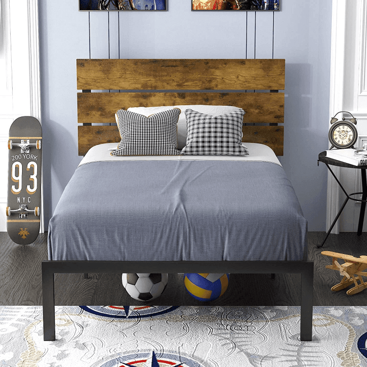 Platform Bed Frame with Wood headboard, Metal Slats/Rustic Mattress Foundation/Box Spring Optional/Strong Metal Slats Support/Easy Assembly FredCo
