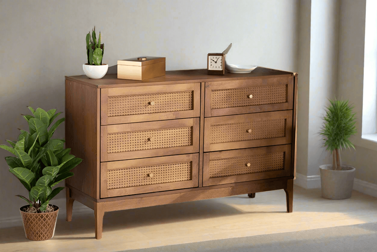 Ramiel Mid-Century Modern Ash Walnut Finished Wood and Rattan 6-Drawer Dresser FredCo