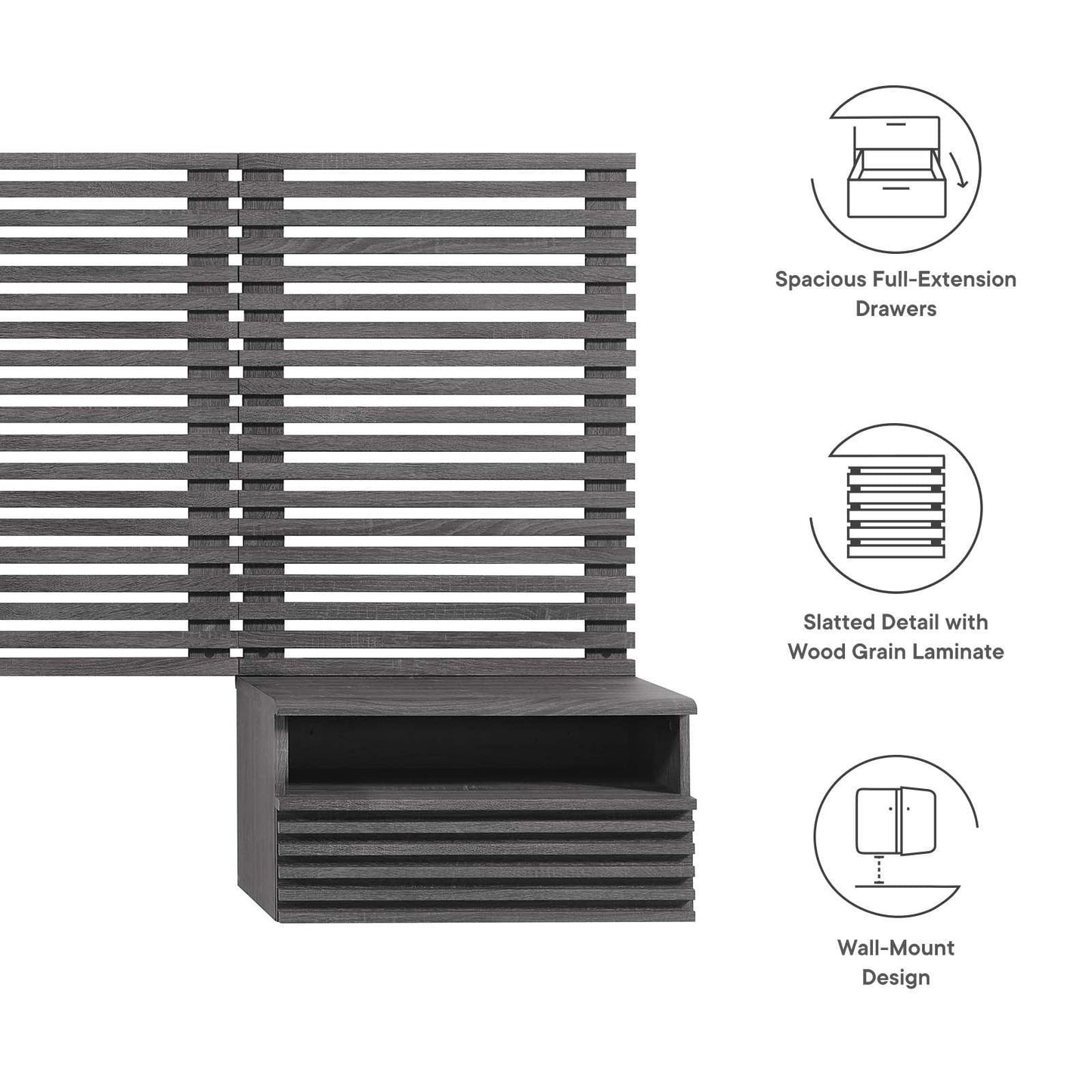 Render Wall Mount King Headboard and Modern Nightstands, MOD-7117 FredCo