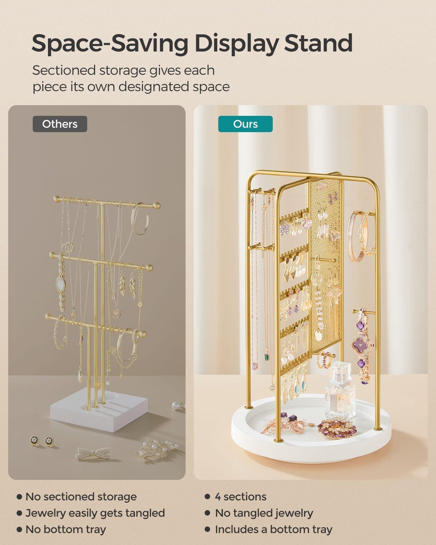 Rotating Jewellery Stand with a Bottom Tray Champagne Gold FredCo