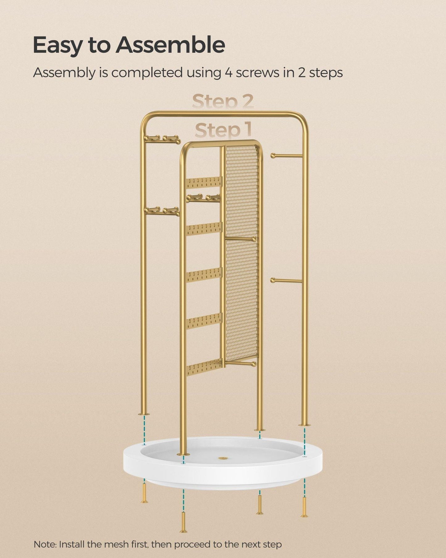 Rotating Jewellery Stand with a Bottom Tray Champagne Gold FredCo