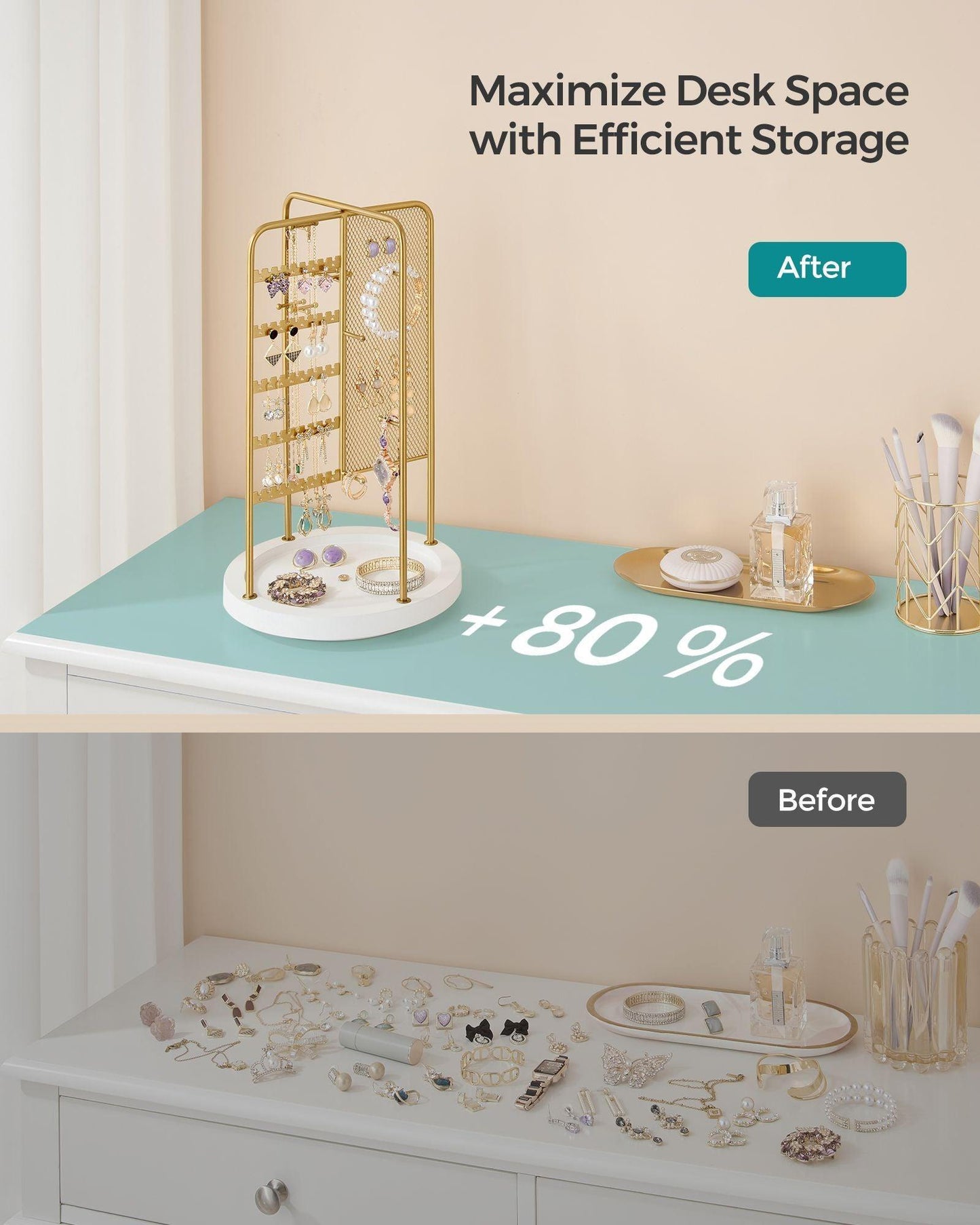 Rotating Jewellery Stand with a Bottom Tray Champagne Gold FredCo