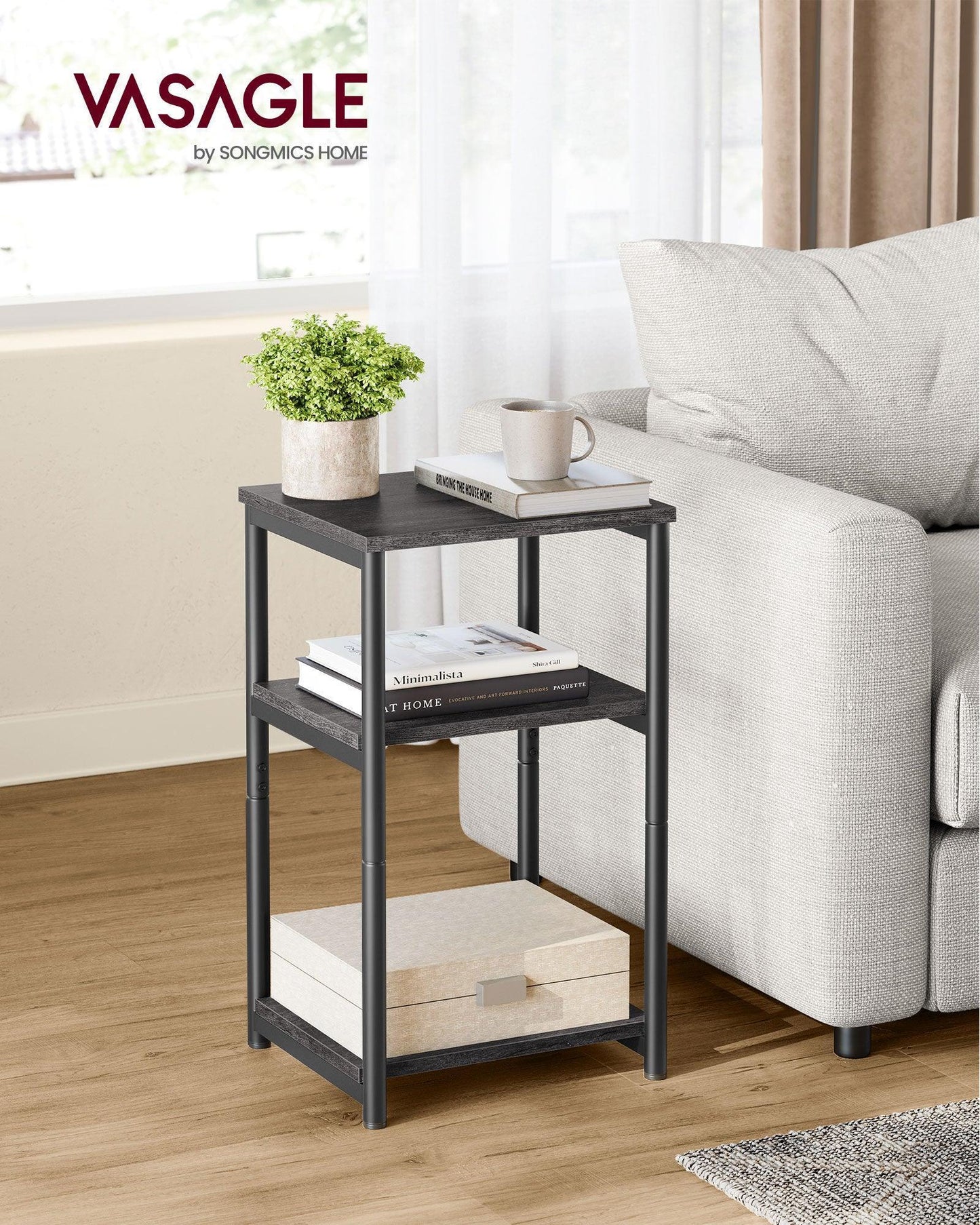 Round End Table with 2 Shelves Misty Gray and Classic Black FredCo