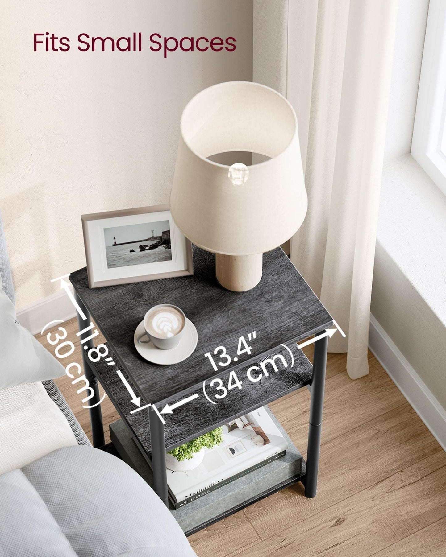 Round End Table with 2 Shelves Misty Gray and Classic Black FredCo