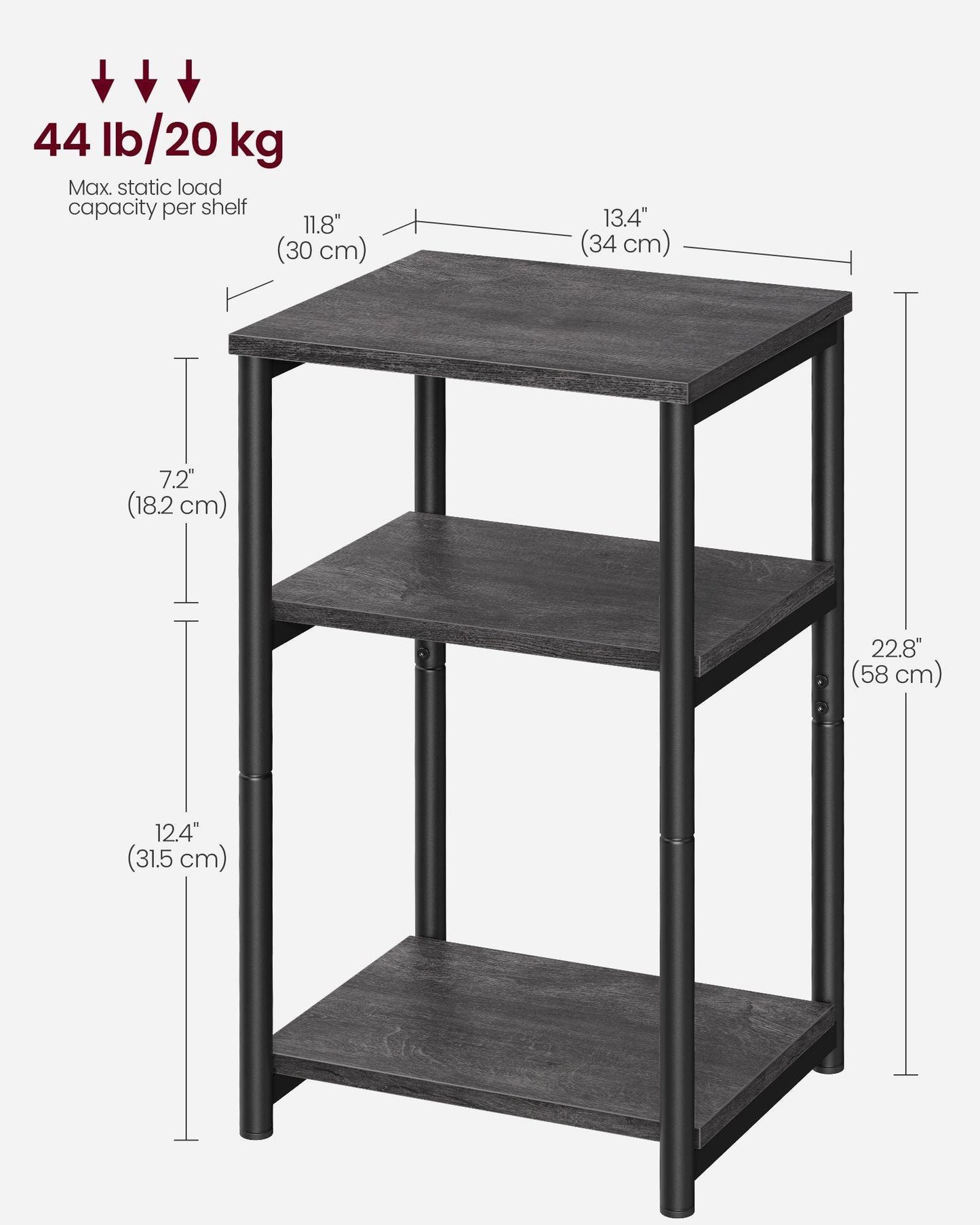 Round End Table with 2 Shelves Misty Gray and Classic Black FredCo