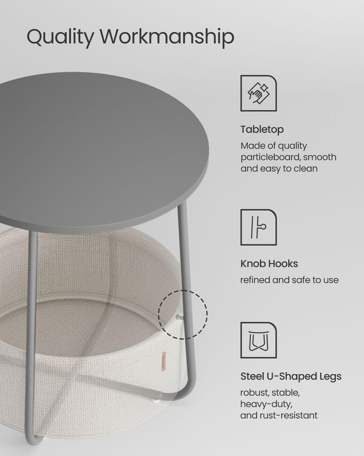 Round Side Table with Fabric Basket Dove Gray and Classic White FredCo