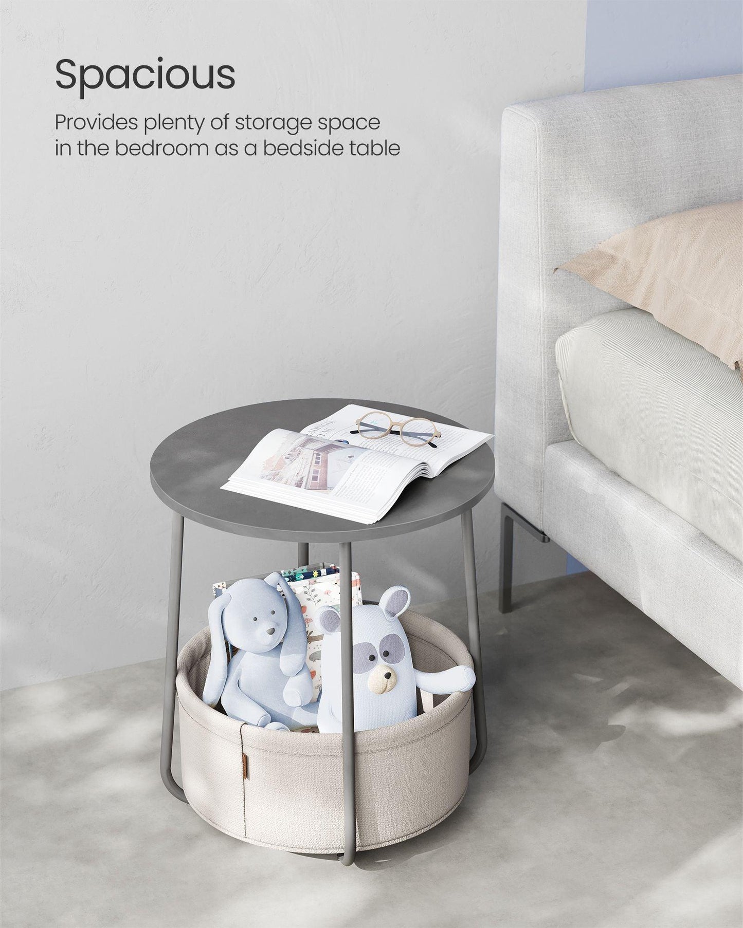 Round Side Table with Fabric Basket Dove Gray and Classic White FredCo