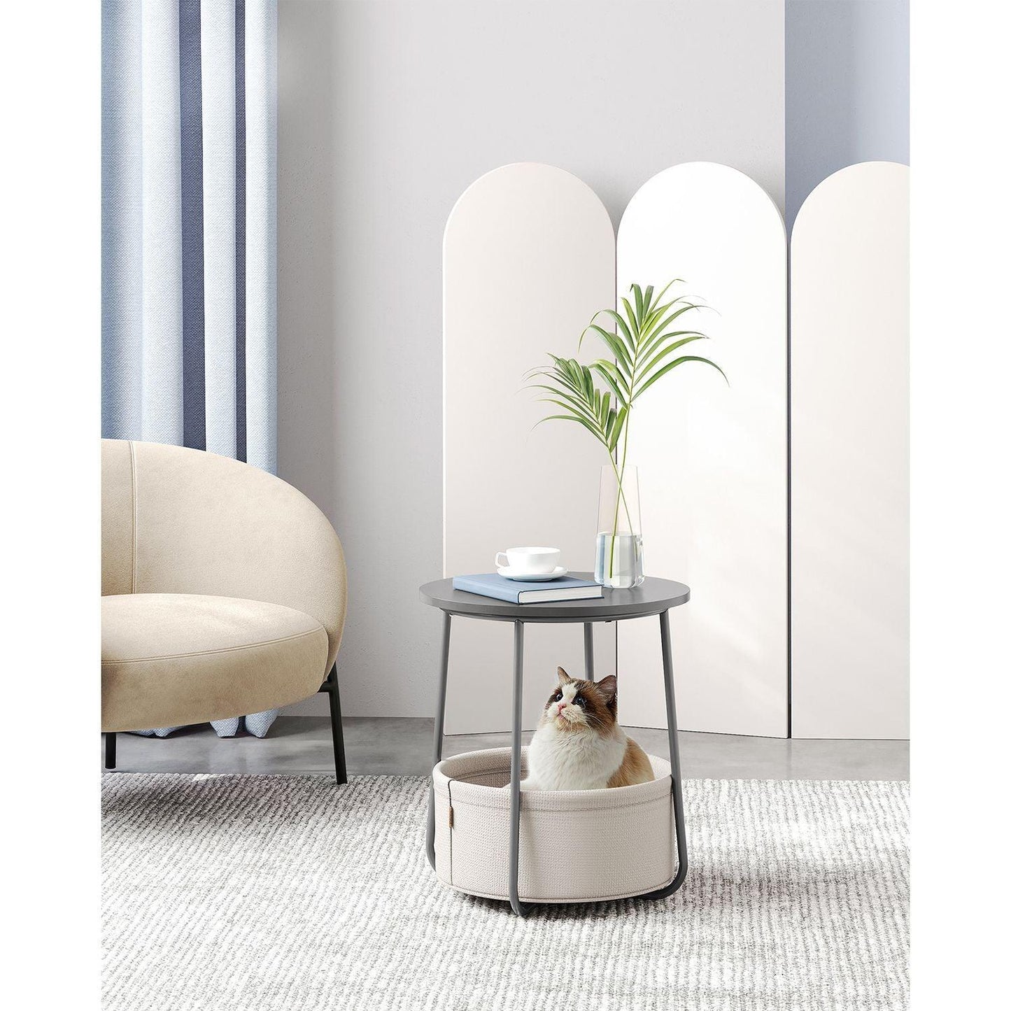 Round Side Table with Fabric Basket Dove Gray and Classic White FredCo