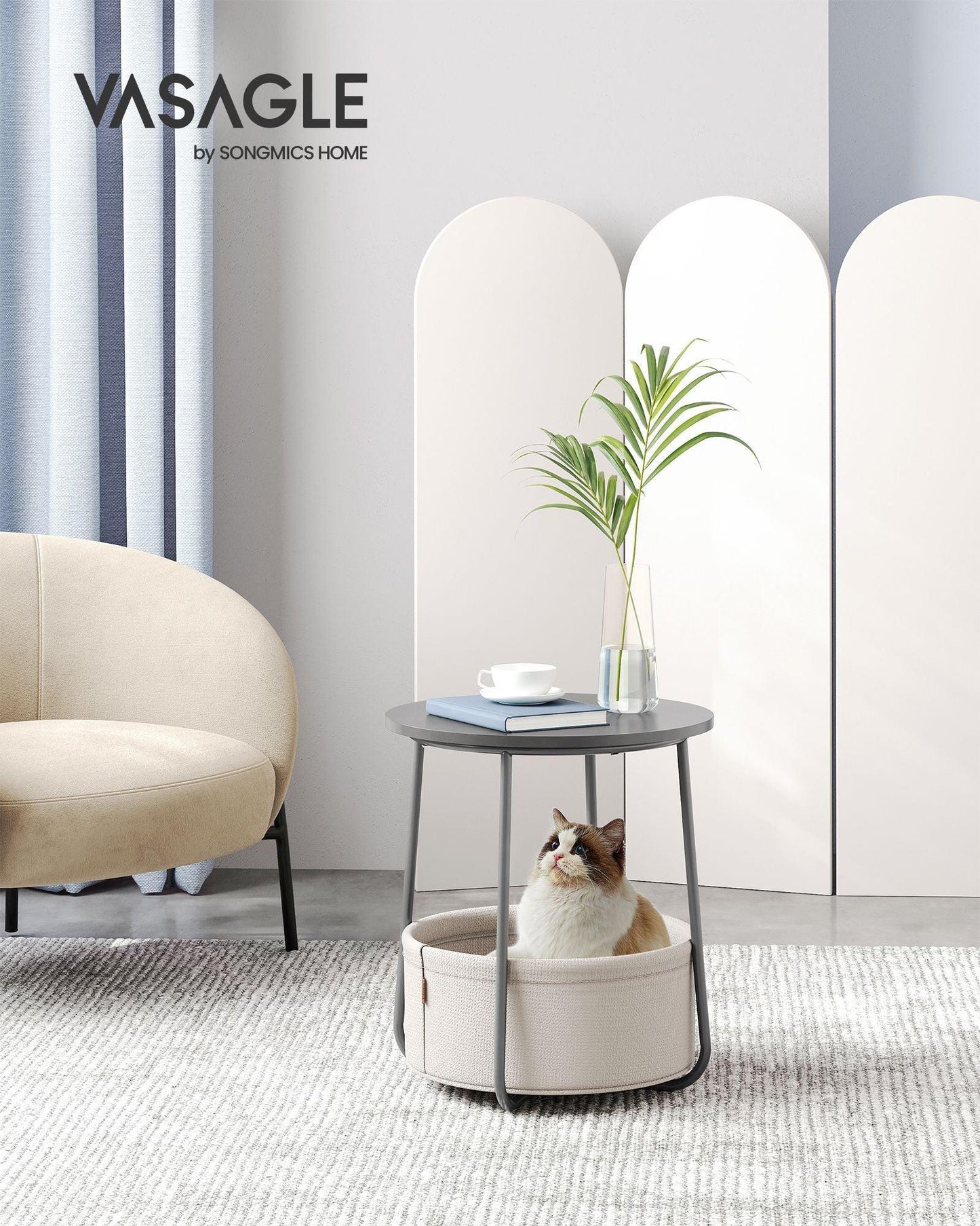 Round Side Table with Fabric Basket Dove Gray and Classic White FredCo