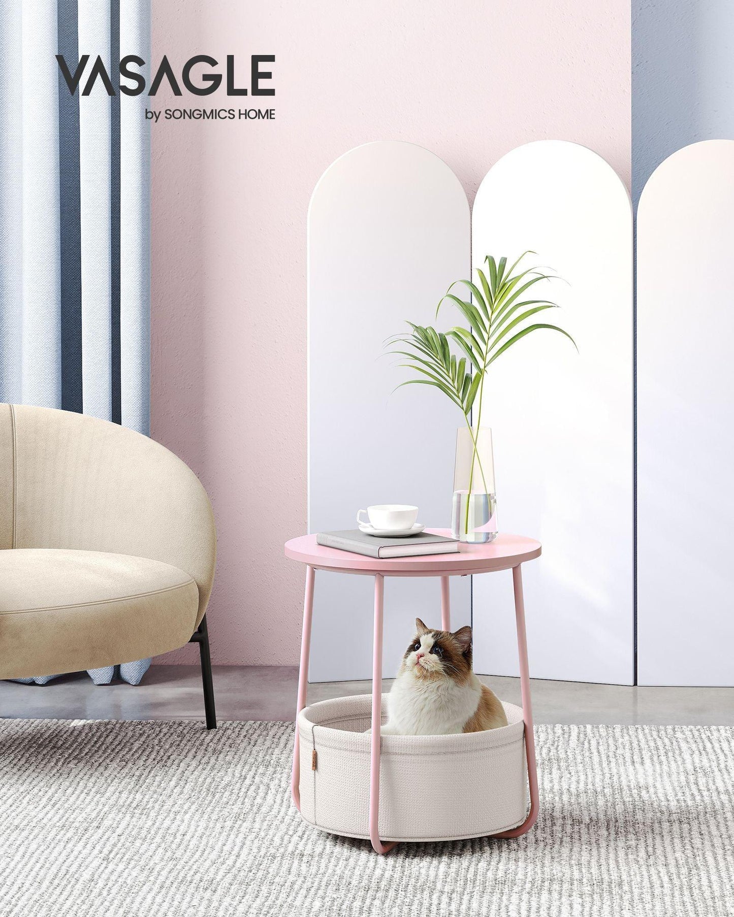Round Side Table with Fabric Basket Jelly Pink and Classic White FredCo
