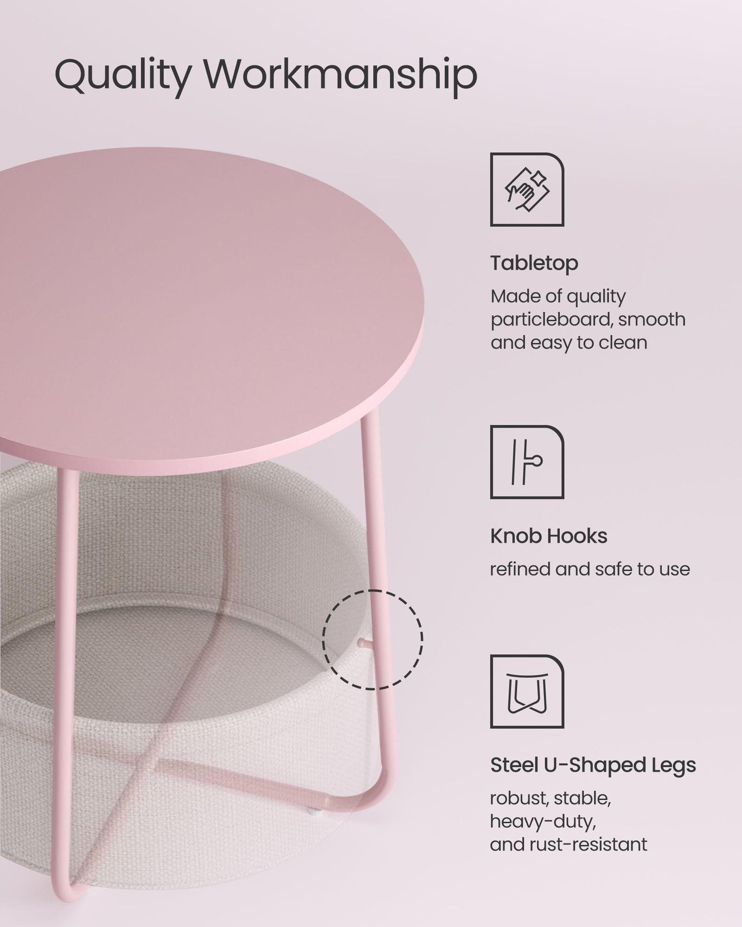 Round Side Table with Fabric Basket Jelly Pink and Classic White FredCo